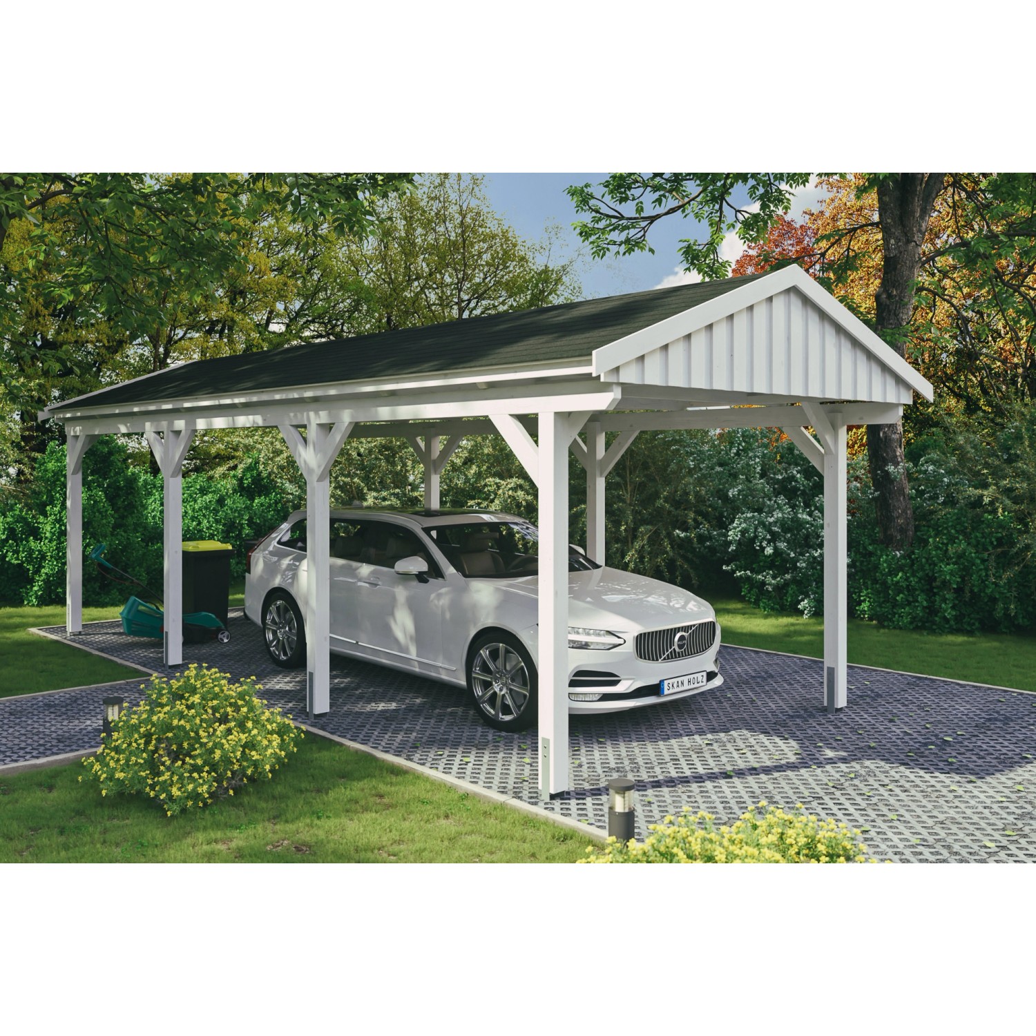 Skan Holz Carport Fichtelberg 317 cm x 808 cm Schwarze Schindeln Weiß von Skan Holz