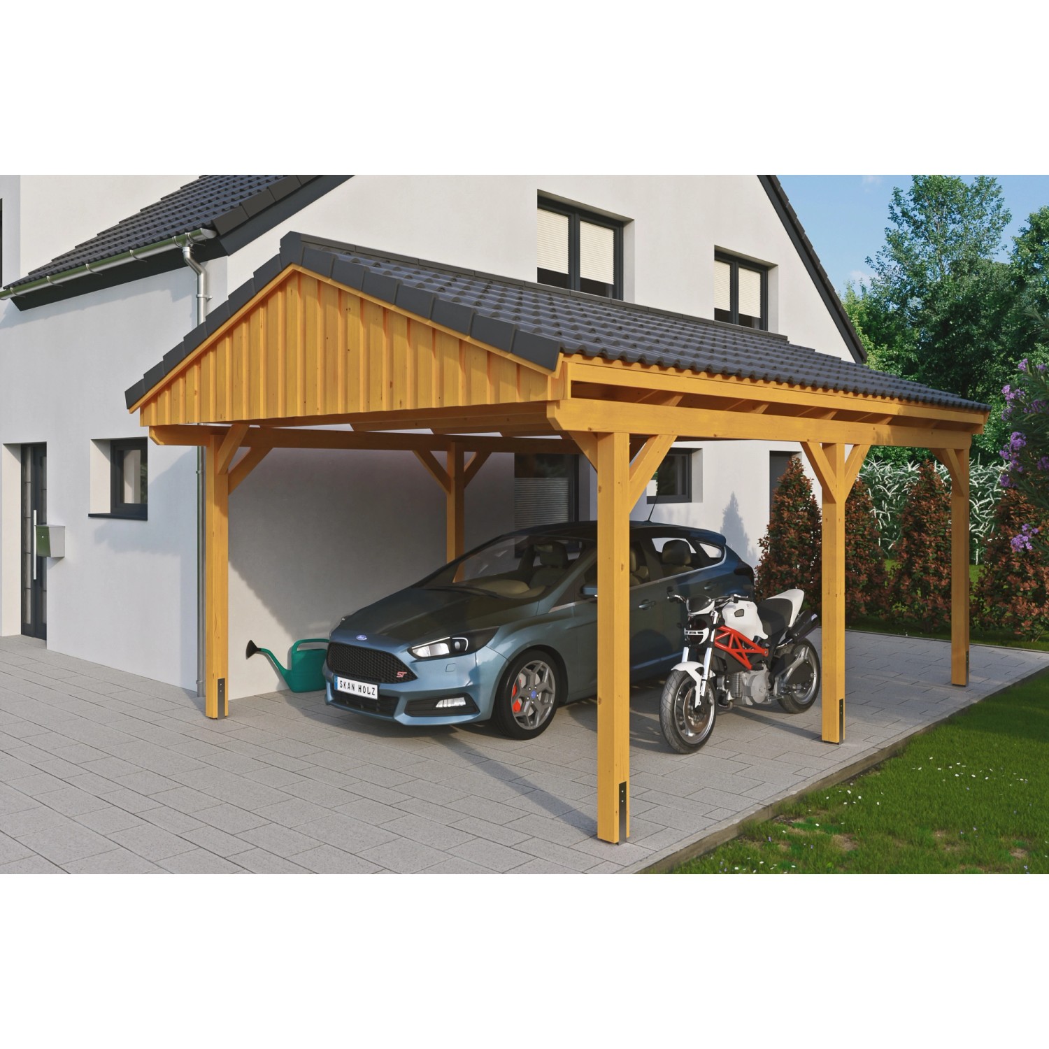 Skan Holz Carport Fichtelberg 423 cm x 566 cm Dachlattung Eiche Hell von Skan Holz