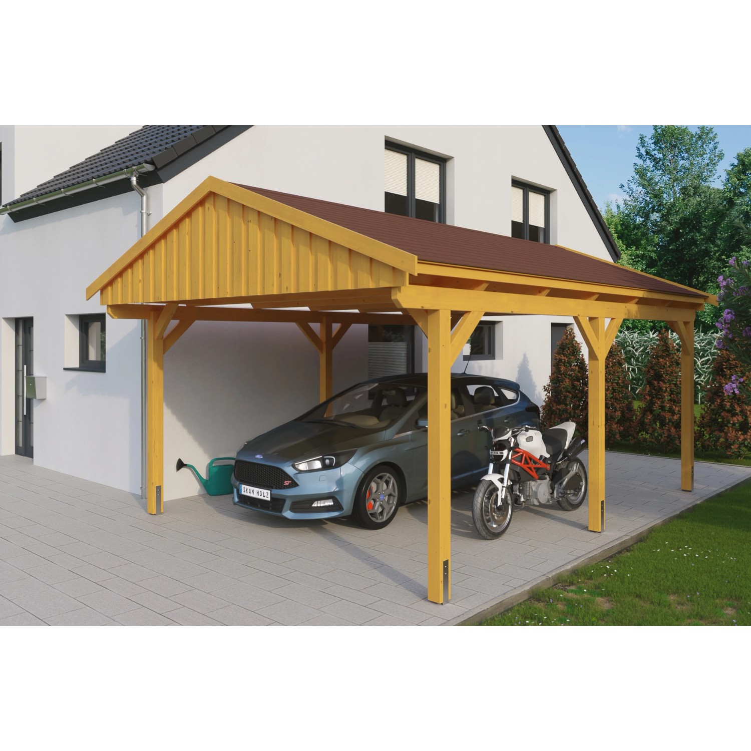 Skan Holz Carport Fichtelberg 423 cm x 566 cm Rote Schindeln Eiche Hell von Skan Holz