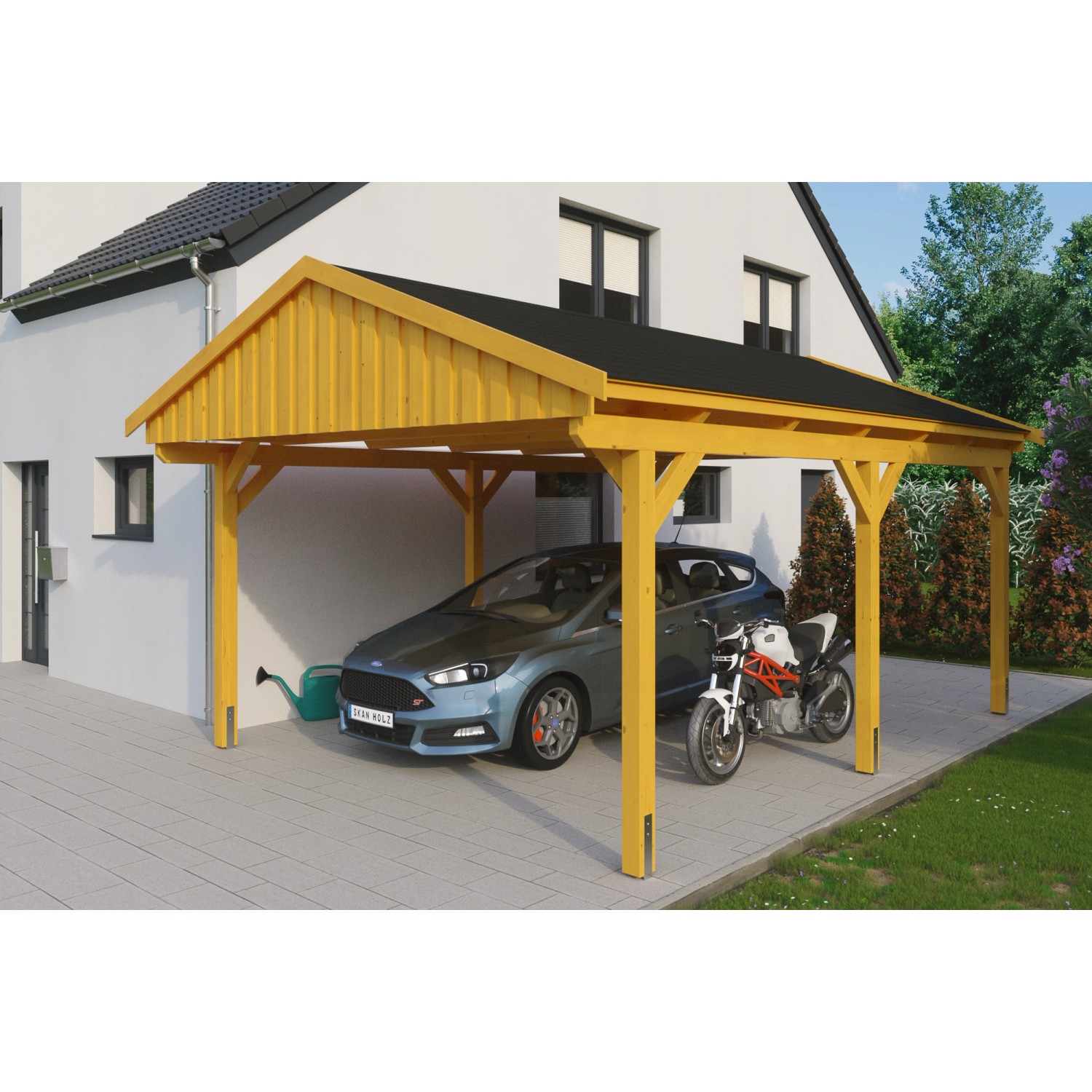 Skan Holz Carport Fichtelberg 423 cm x 566 cm Schwarze Schindeln Eiche Hell von Skan Holz