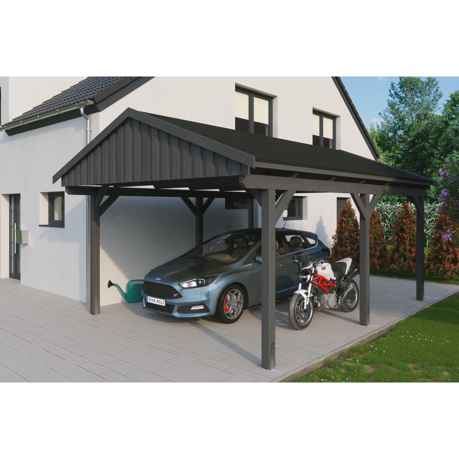 Skan Holz Carport Fichtelberg 423 cm x 566 cm Schwarze Schindeln Schiefergrau von Skan Holz