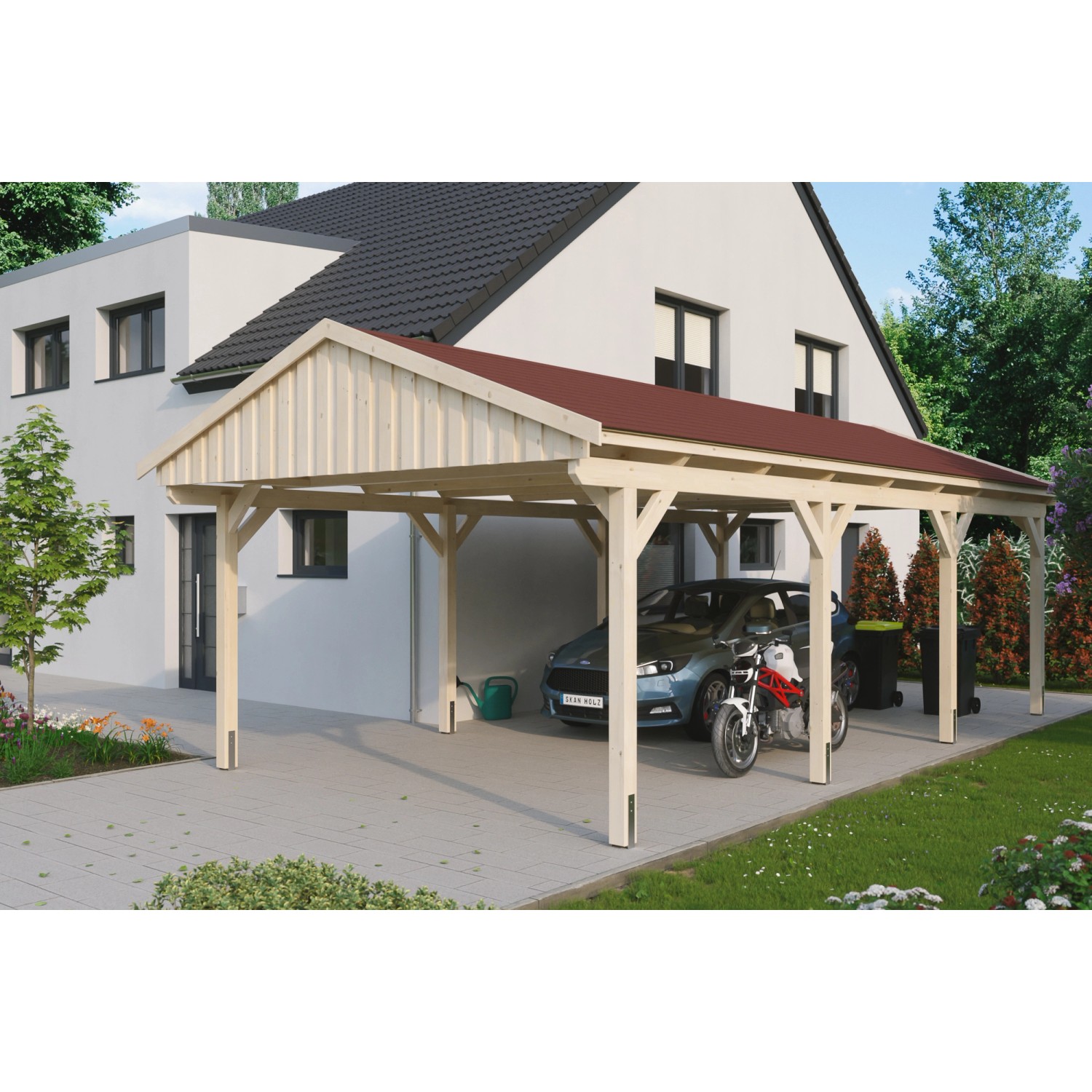 Skan Holz Carport Fichtelberg 423 cm x 808 cm Rote Schindeln Natur von Skan Holz