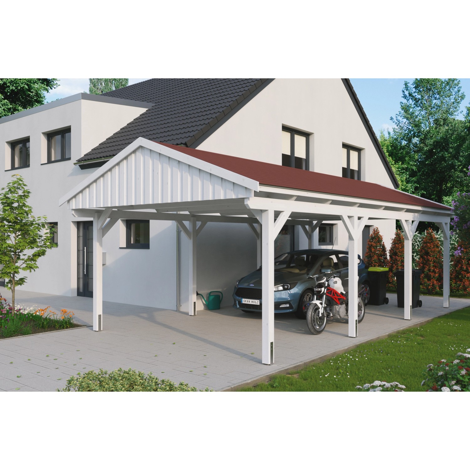 Skan Holz Carport Fichtelberg 423 cm x 808 cm Rote Schindeln Weiß von Skan Holz