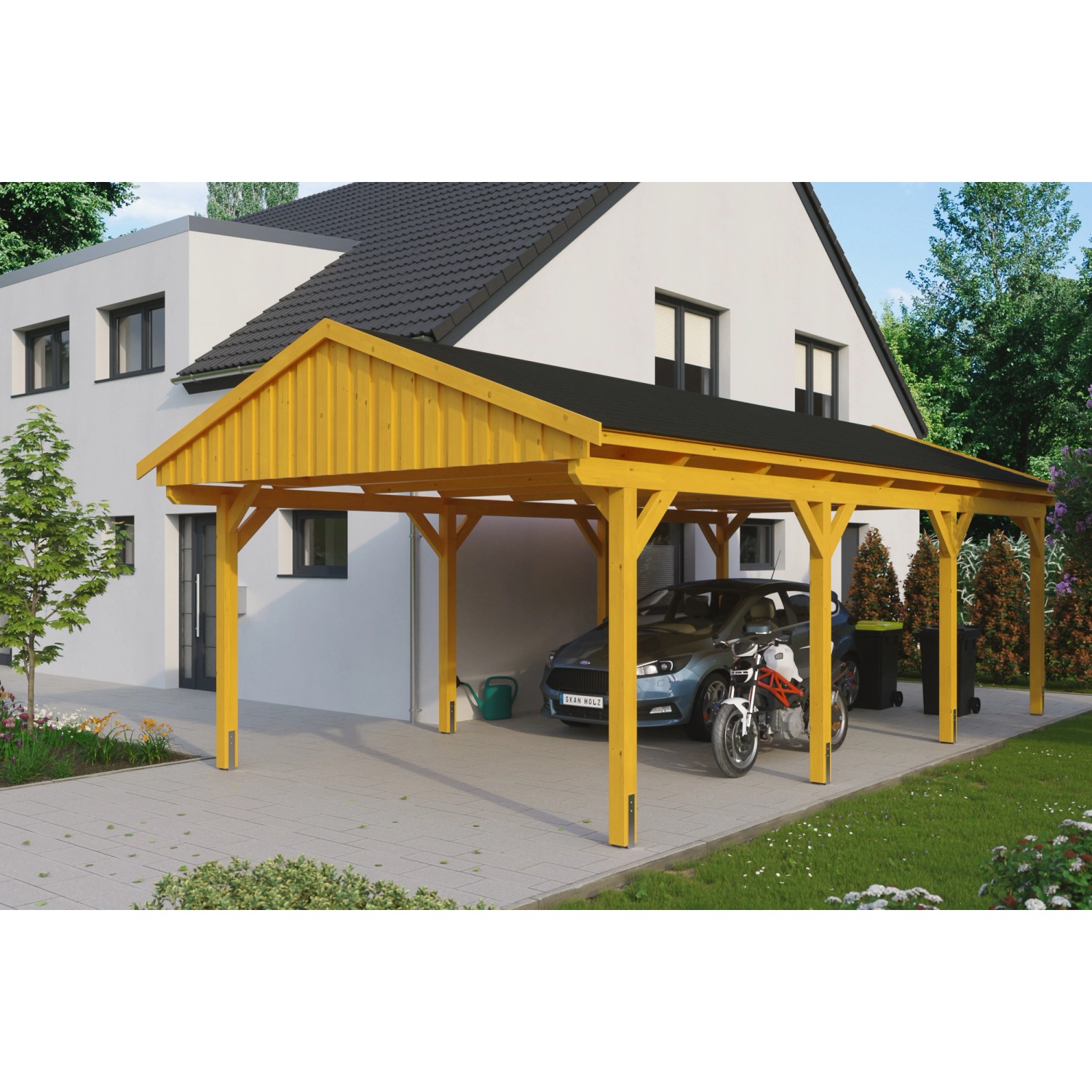 Skan Holz Carport Fichtelberg 423 cm x 808 cm Schwarze Schindeln Eiche Hell von Skan Holz