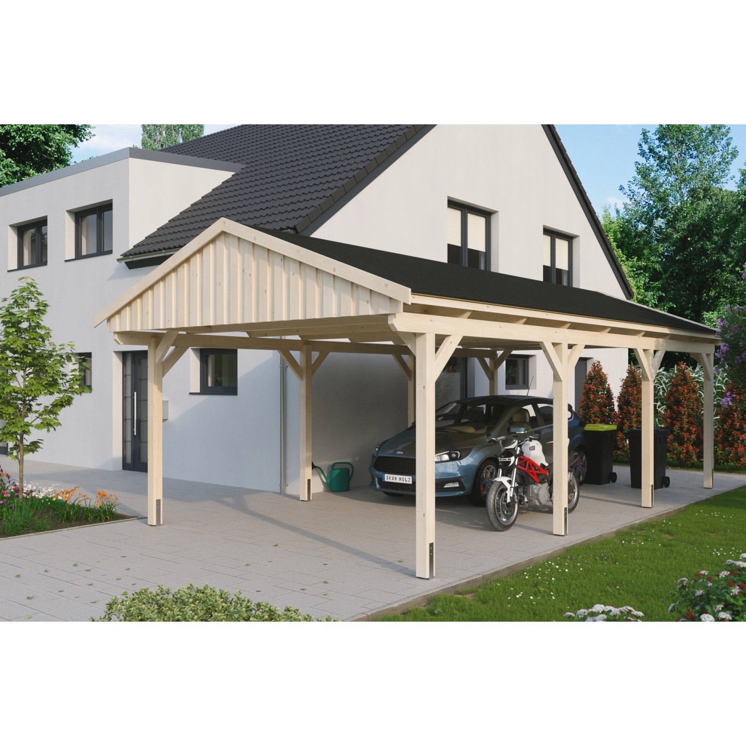 Skan Holz Carport Fichtelberg 423 cm x 808 cm Schwarze Schindeln Natur von Skan Holz