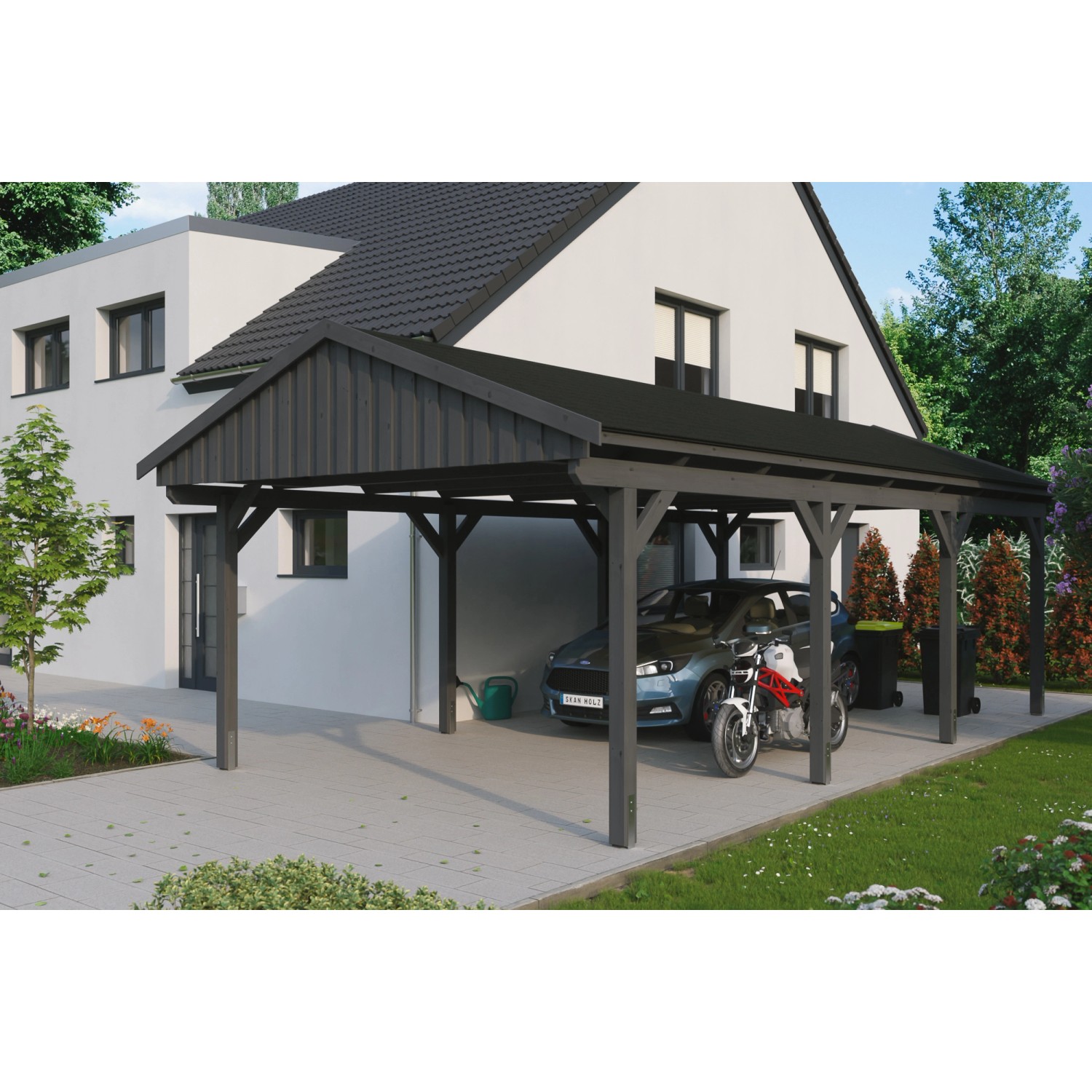 Skan Holz Carport Fichtelberg 423 cm x 808 cm Schwarze Schindeln Schiefergrau von Skan Holz