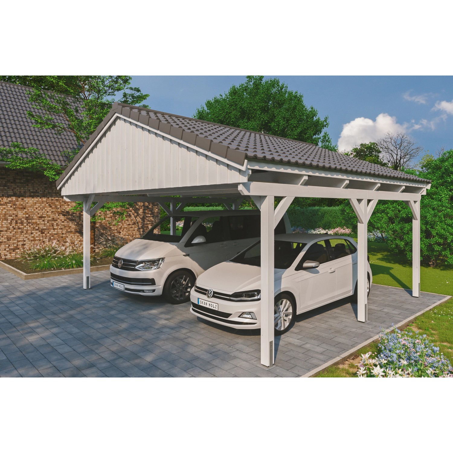 Skan Holz Carport Fichtelberg 618 cm x 566 cm Dachlattung Weiß von Skan Holz