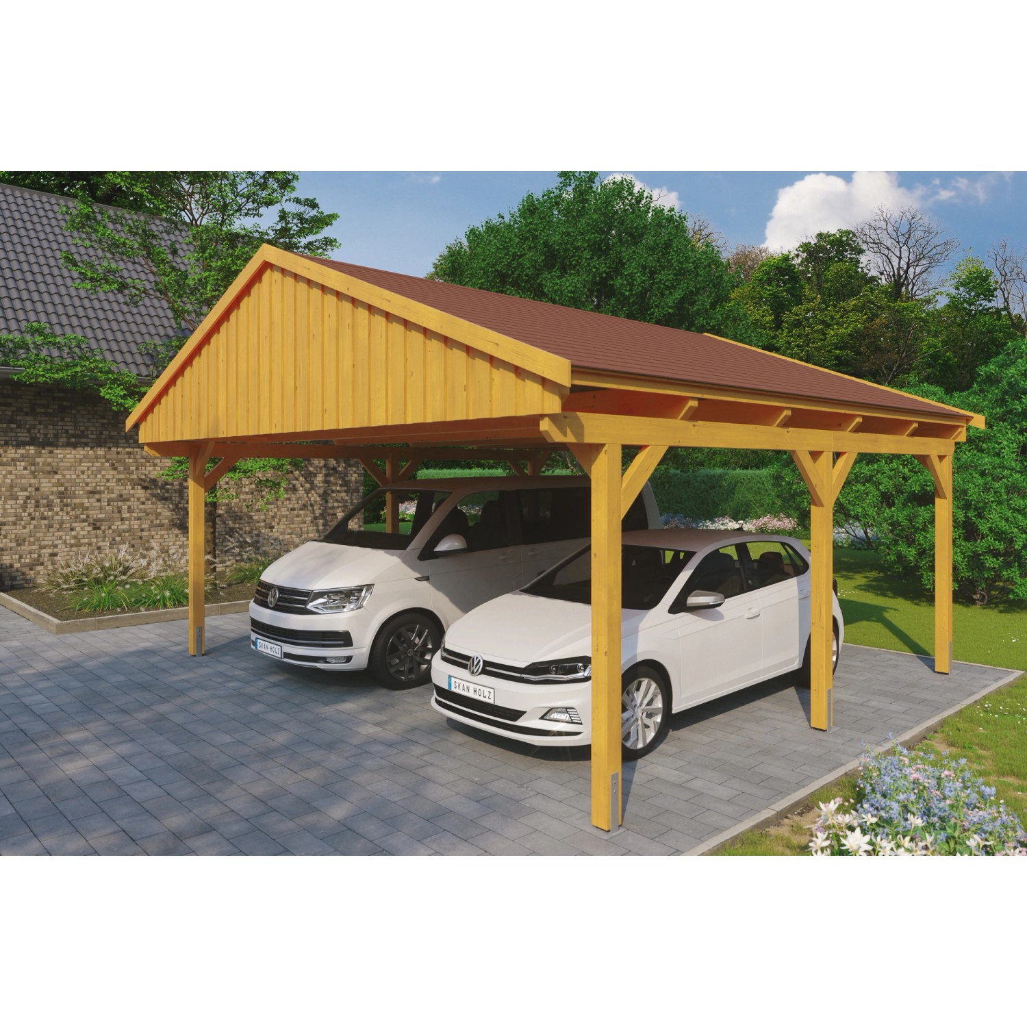 Skan Holz Carport Fichtelberg 618 cm x 566 cm Rote Schindeln Eiche Hell von Skan Holz