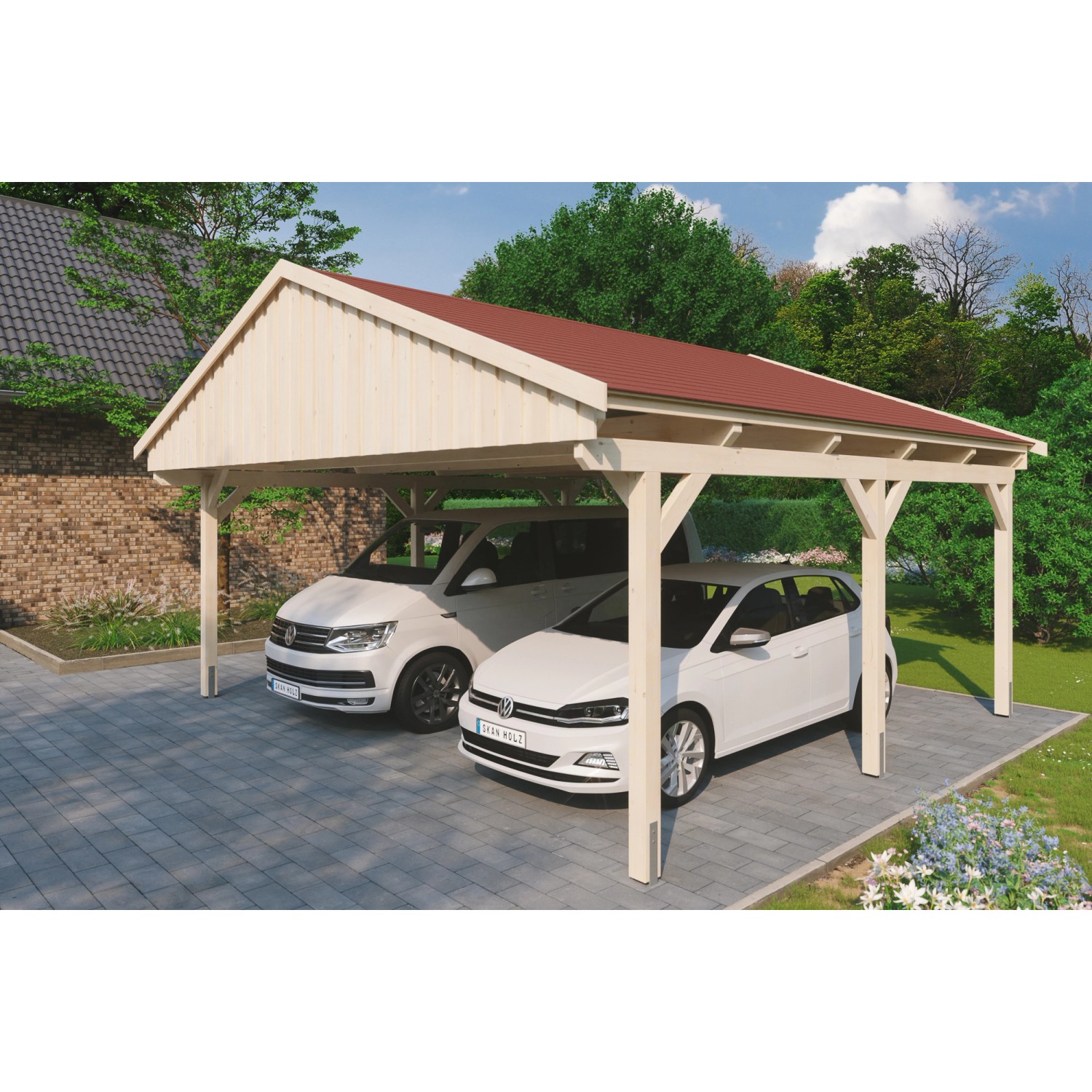 Skan Holz Carport Fichtelberg 618 cm x 566 cm Rote Schindeln Natur von Skan Holz