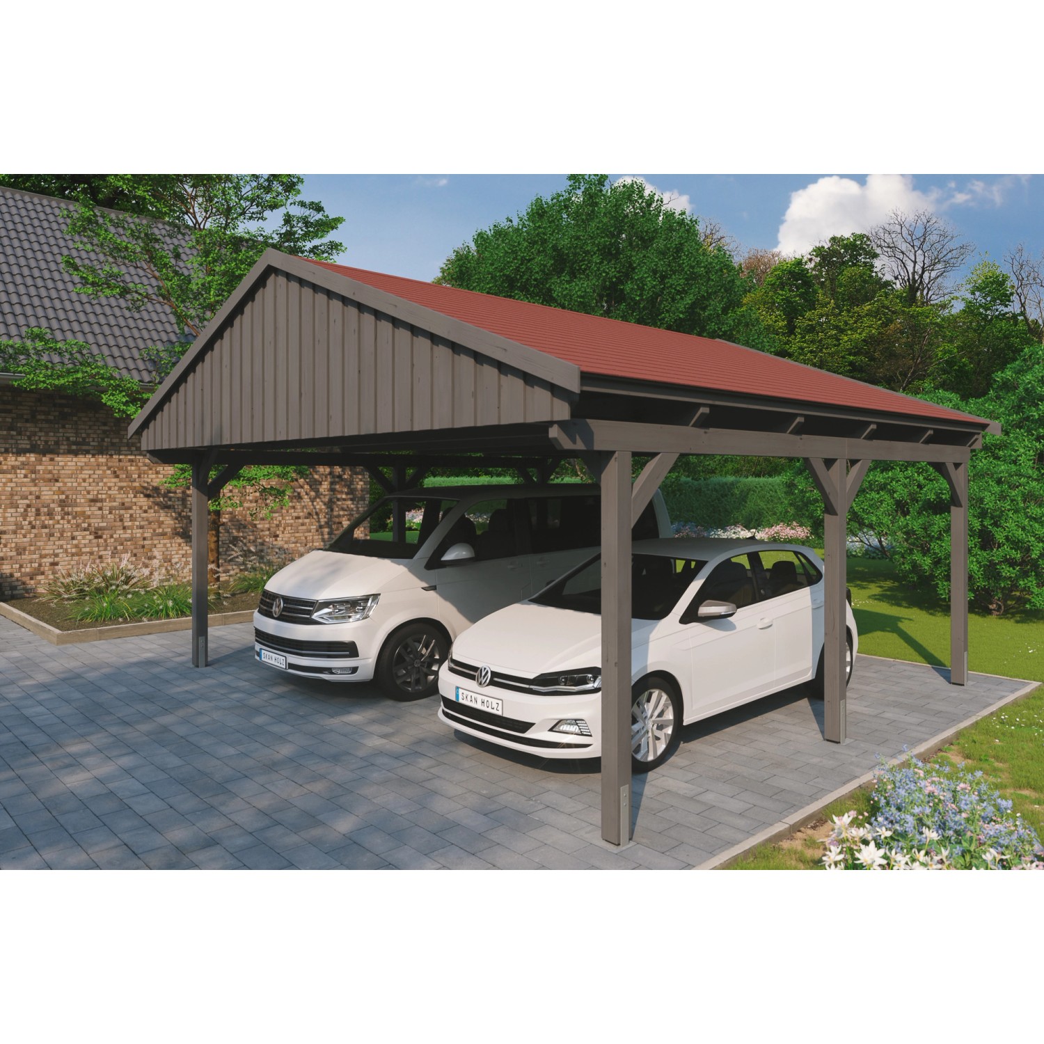 Skan Holz Carport Fichtelberg 618 cm x 566 cm Rote Schindeln Schiefergrau von Skan Holz