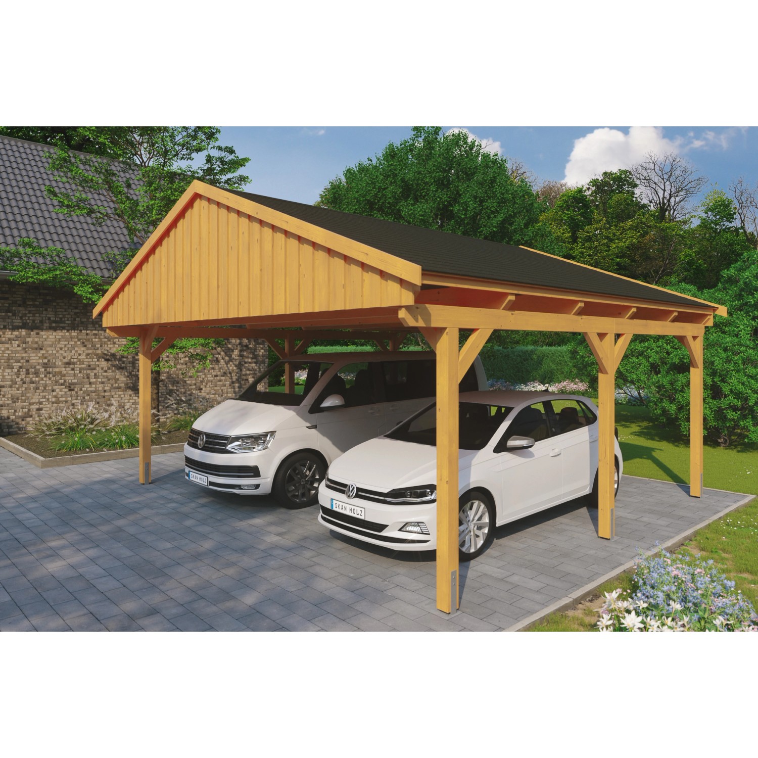 Skan Holz Carport Fichtelberg 618 cm x 566 cm Schwarze Schindeln Eiche Hell von Skan Holz