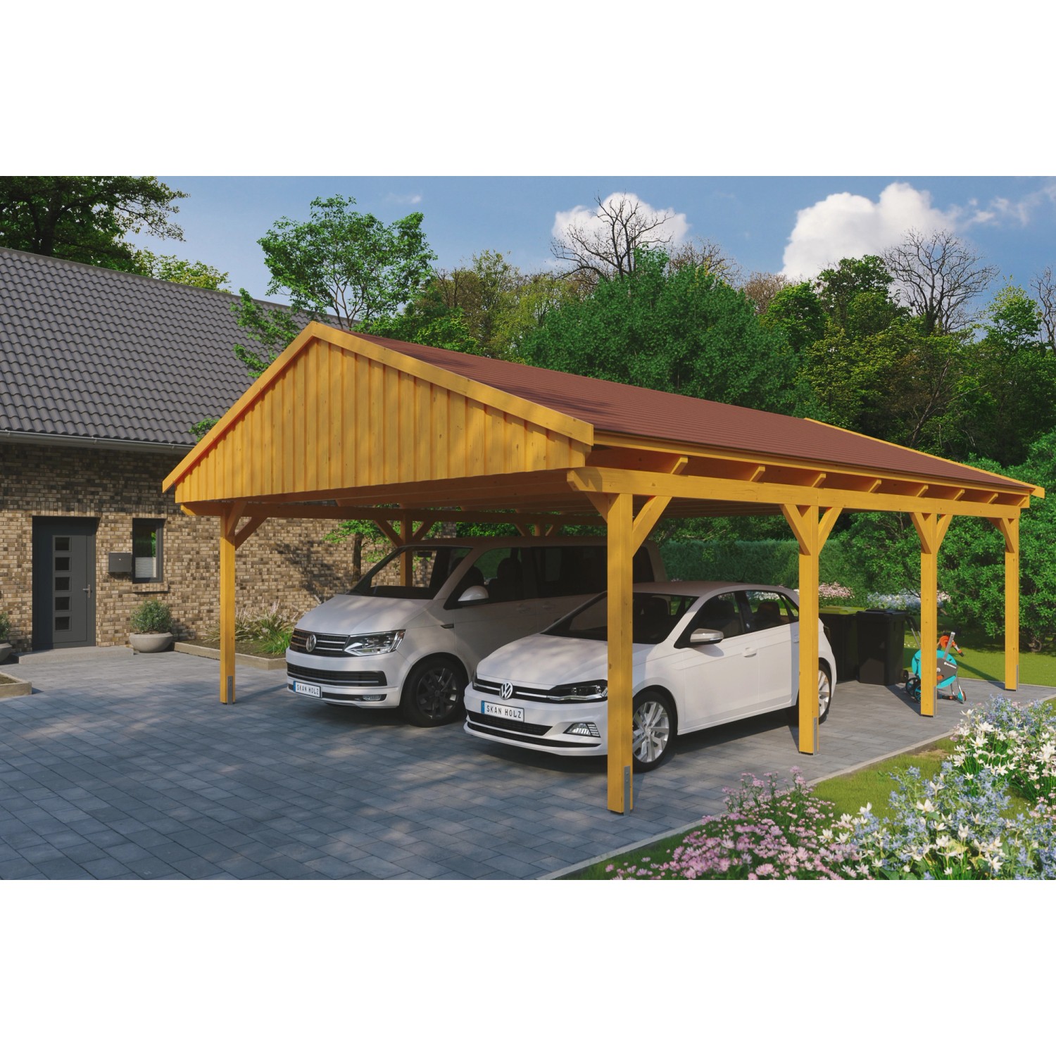 Skan Holz Carport Fichtelberg 618 cm x 808 cm Rote Schindeln Eiche Hell von Skan Holz