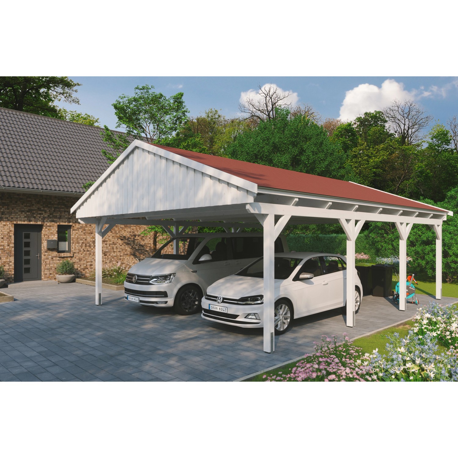 Skan Holz Carport Fichtelberg 618 cm x 808 cm Rote Schindeln Weiß von Skan Holz