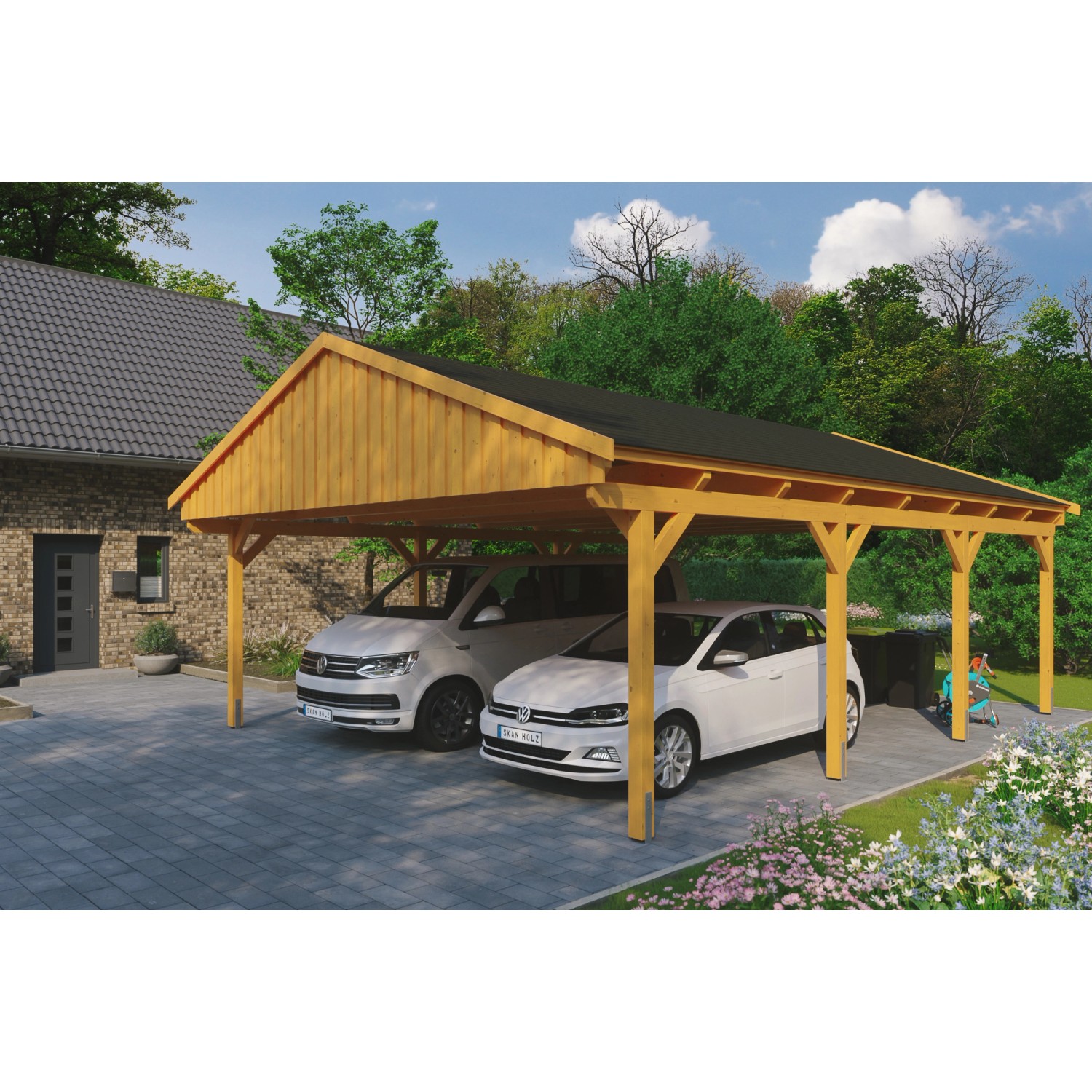 Skan Holz Carport Fichtelberg 618 cm x 808 cm Schwarze Schindeln Eiche Hell von Skan Holz