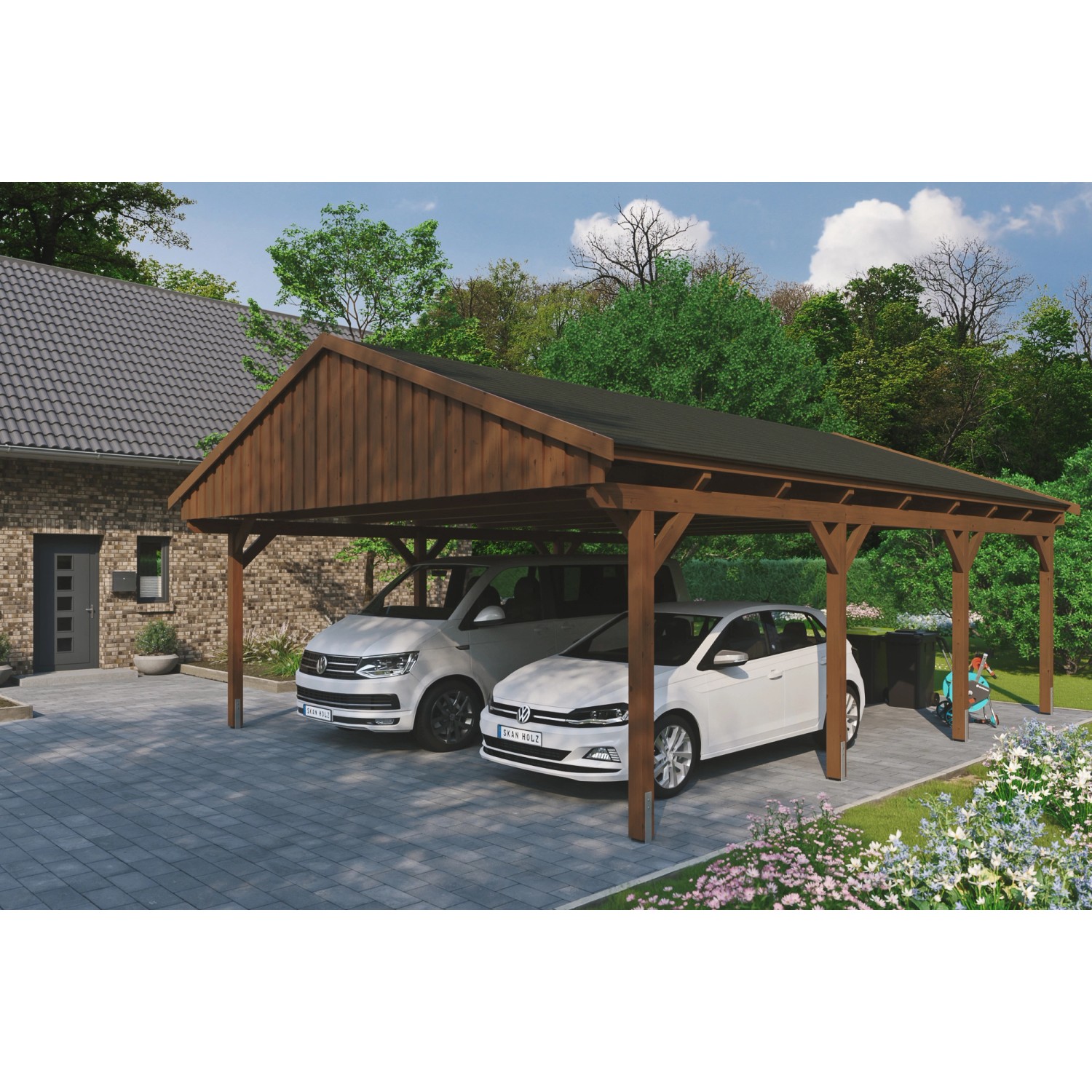 Skan Holz Carport Fichtelberg 618 cm x 808 cm Schwarze Schindeln Nussbaum von Skan Holz