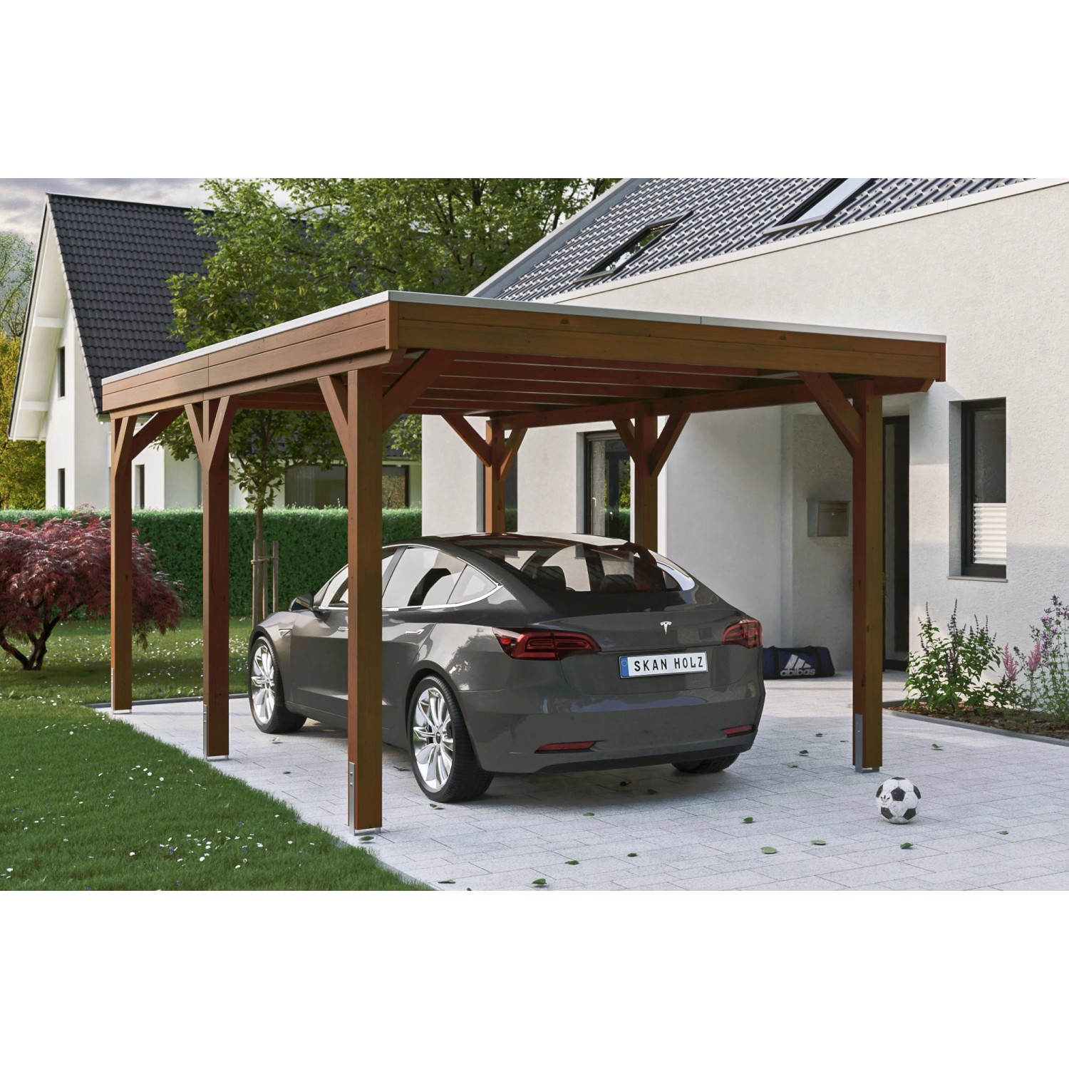 Skan Holz Carport Grunewald 321 cm x 554 cm mit EPDM-Dach Nussbaum von Skan Holz