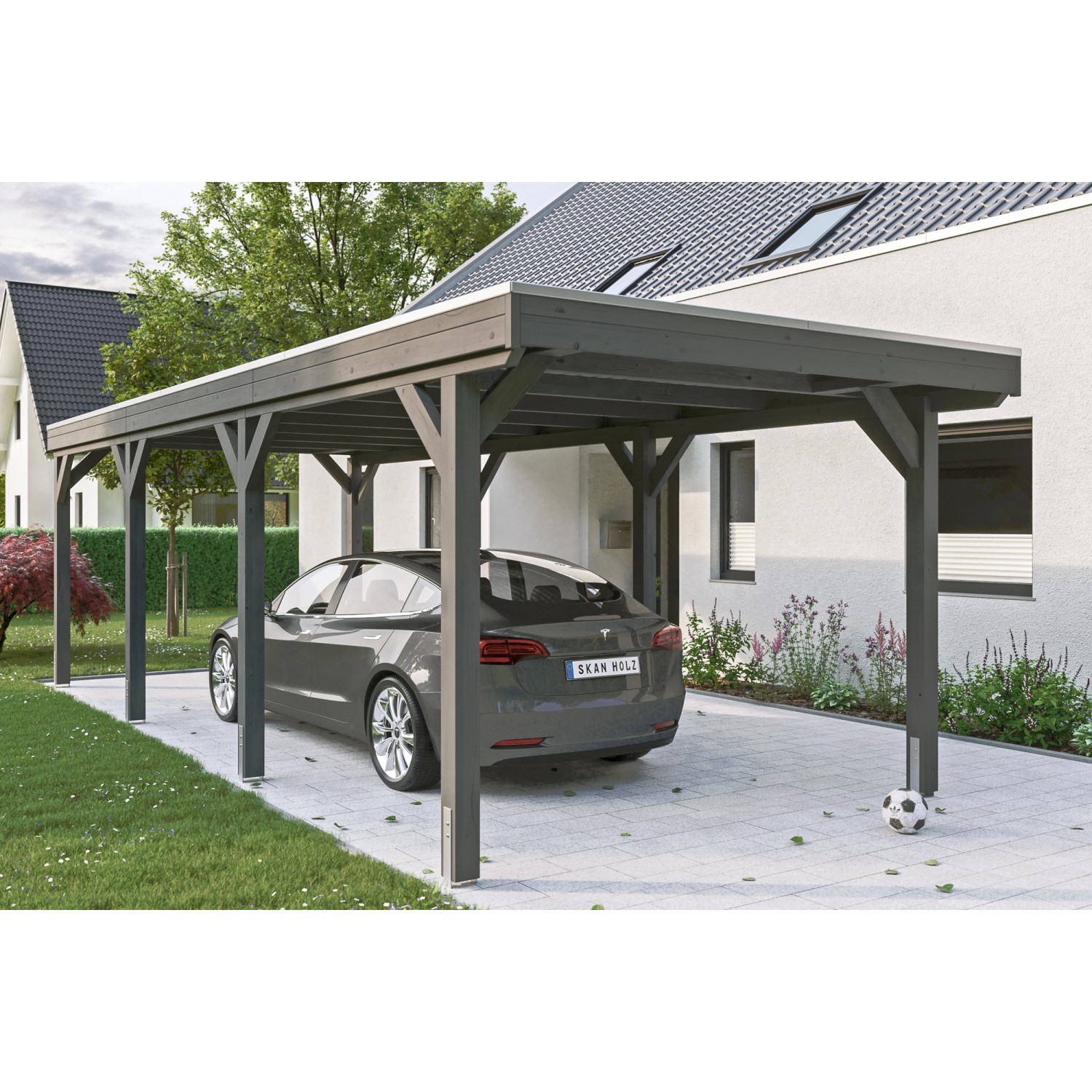 Skan Holz Carport Grunewald 321 cm x 796 cm mit Aluminiumdach Schiefergrau von Skan Holz