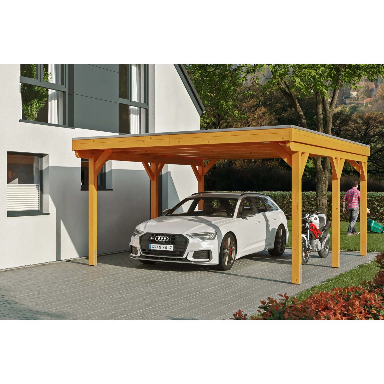 Skan Holz Carport Grunewald 427 cm x 554 cm mit Aluminiumdach Eiche Hell von Skan Holz