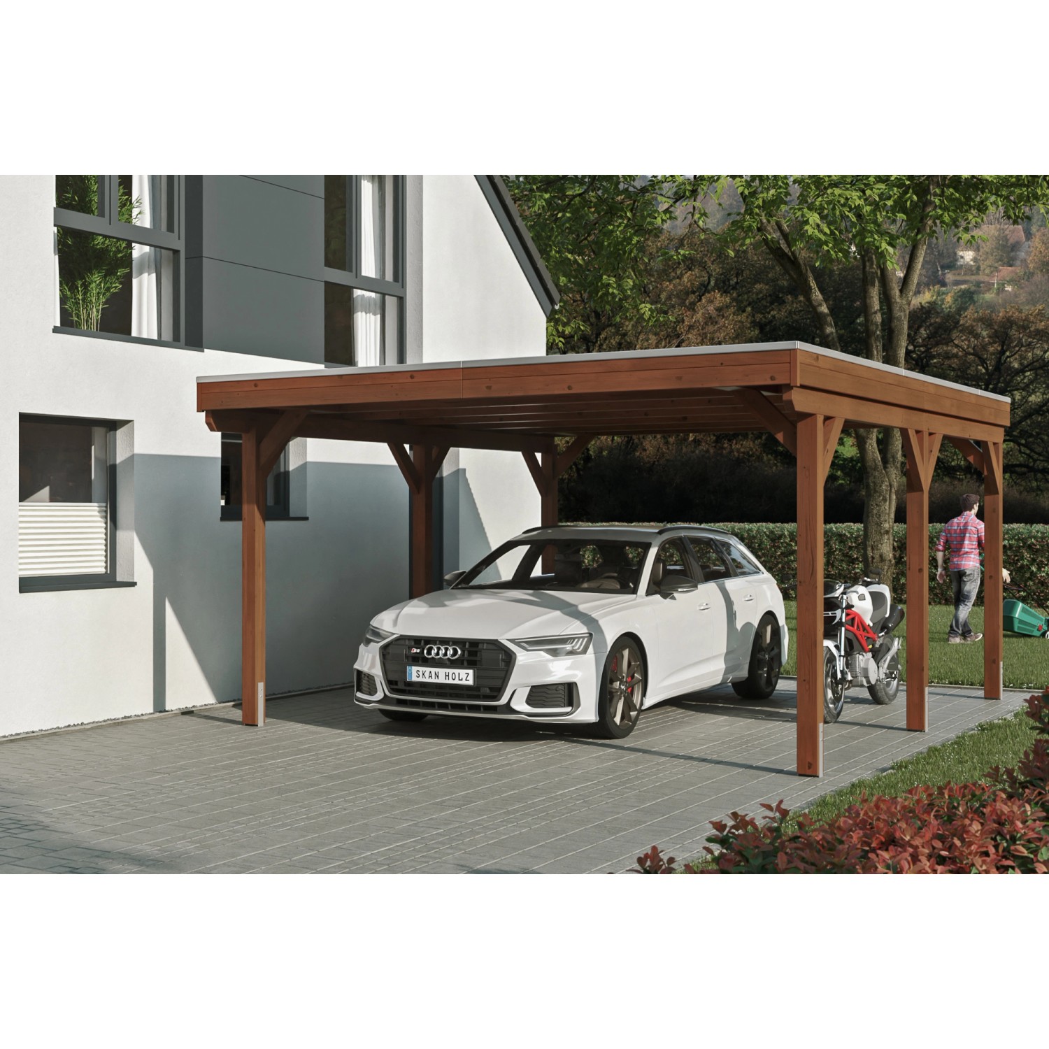 Skan Holz Carport Grunewald 427 cm x 554 cm mit Aluminiumdach Nussbaum von Skan Holz