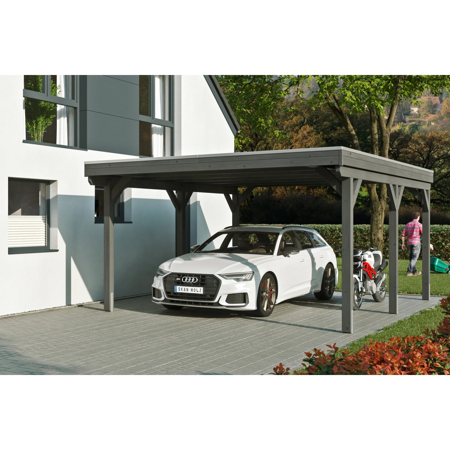 Skan Holz Carport Grunewald 427 cm x 554 cm mit Aluminiumdach Schiefergrau von Skan Holz