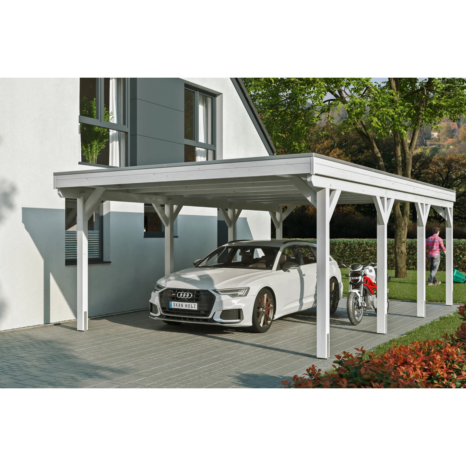 Skan Holz Carport Grunewald 427 cm x 796 cm mit Aluminiumdach Weiß von Skan Holz