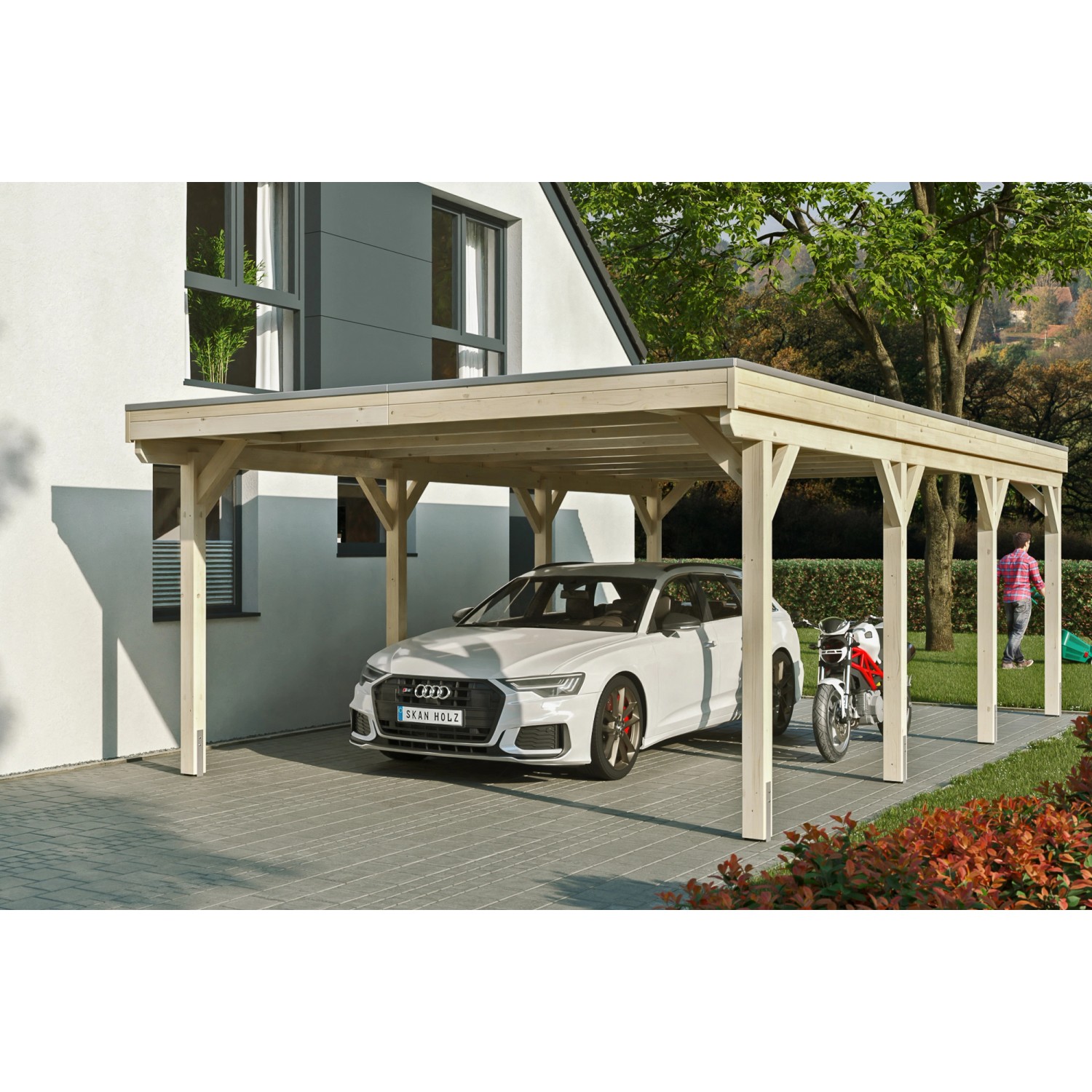 Skan Holz Carport Grunewald 427 cm x 796 cm mit EPDM-Dach Natur von Skan Holz