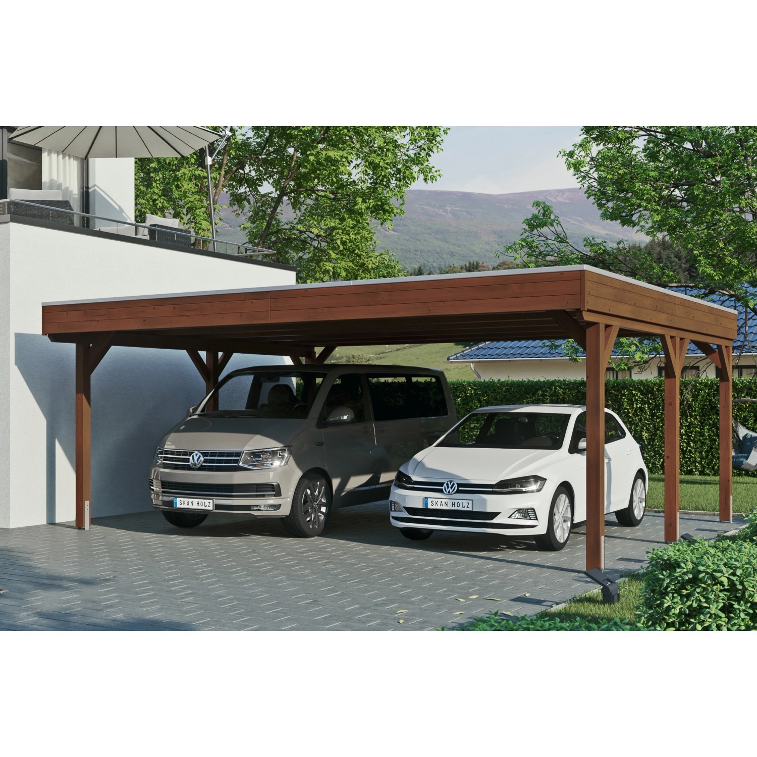 Skan Holz Carport Grunewald 622 cm x 554 cm mit EPDM-Dach Nussbaum Skan Holz Carport Grunewald 622 cm x 554 cm mit EPDM-Dach Nussbaum von Skan Holz