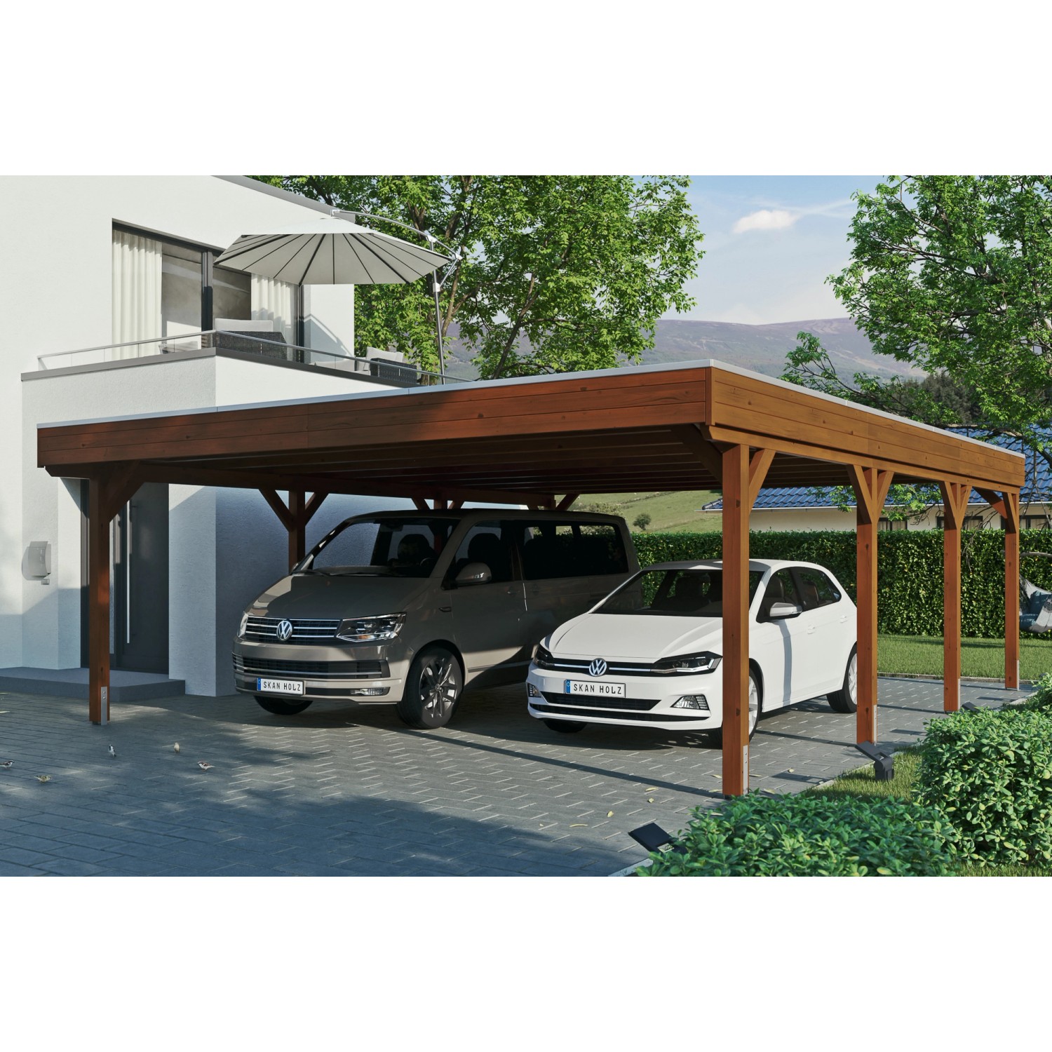 Skan Holz Carport Grunewald 622 cm x 796 cm mit EPDM-Dach Nussbaum Skan Holz Carport Grunewald 622 cm x 796 cm mit EPDM-Dach Nussbaum von Skan Holz