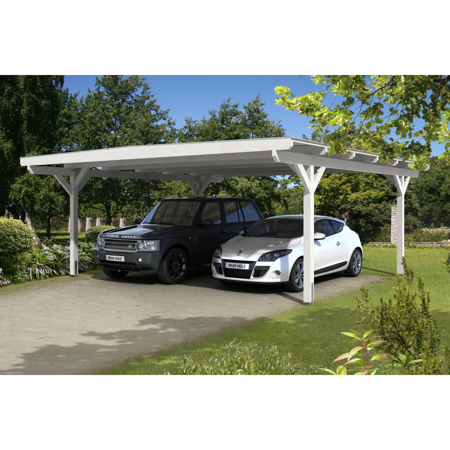 Skan Holz Carport Odenwald 640 cm x 648 cm gerade Kopfbänder Weiß von Skan Holz