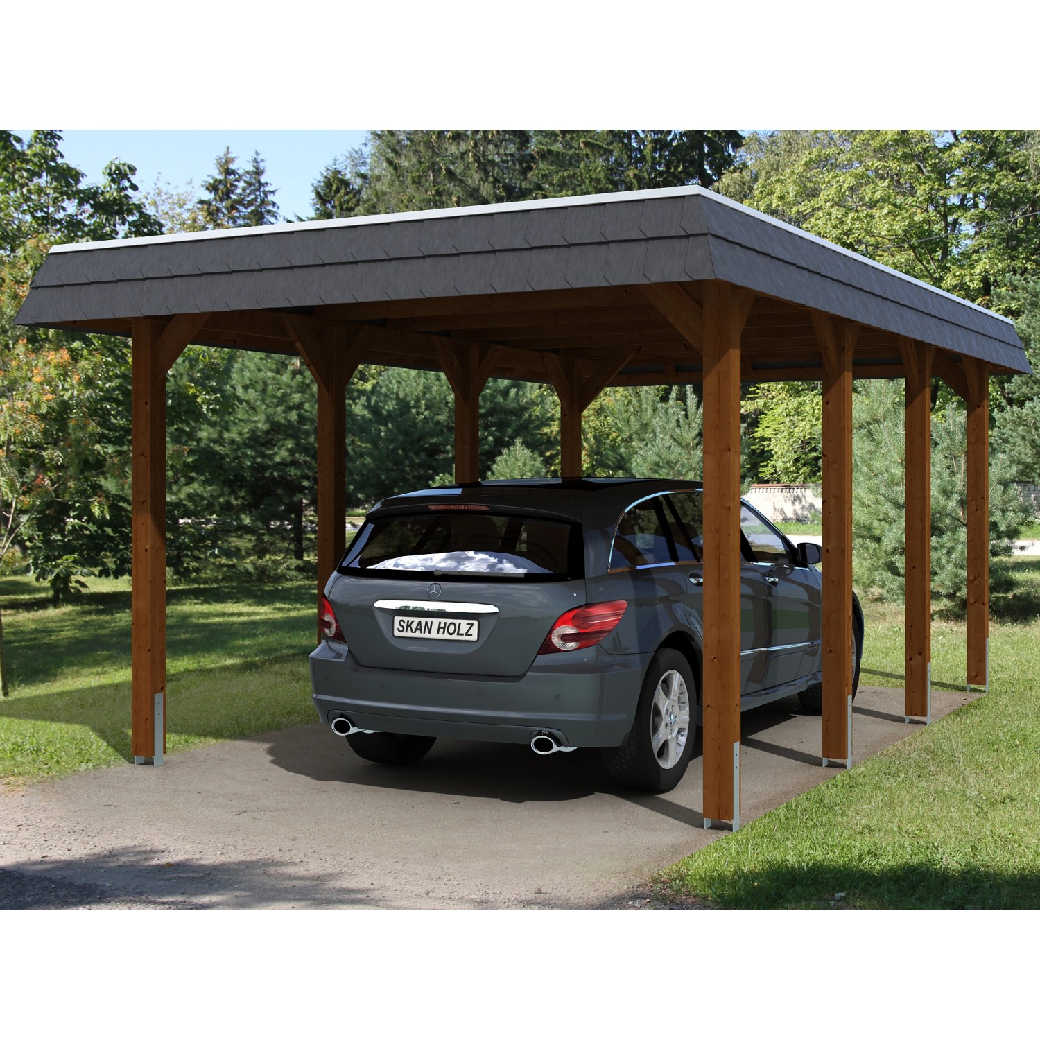 Skan Holz Carport Spreewald 345 cm x 589 cm EPDM Dach schwarze Blende Nussbaum von Skan Holz