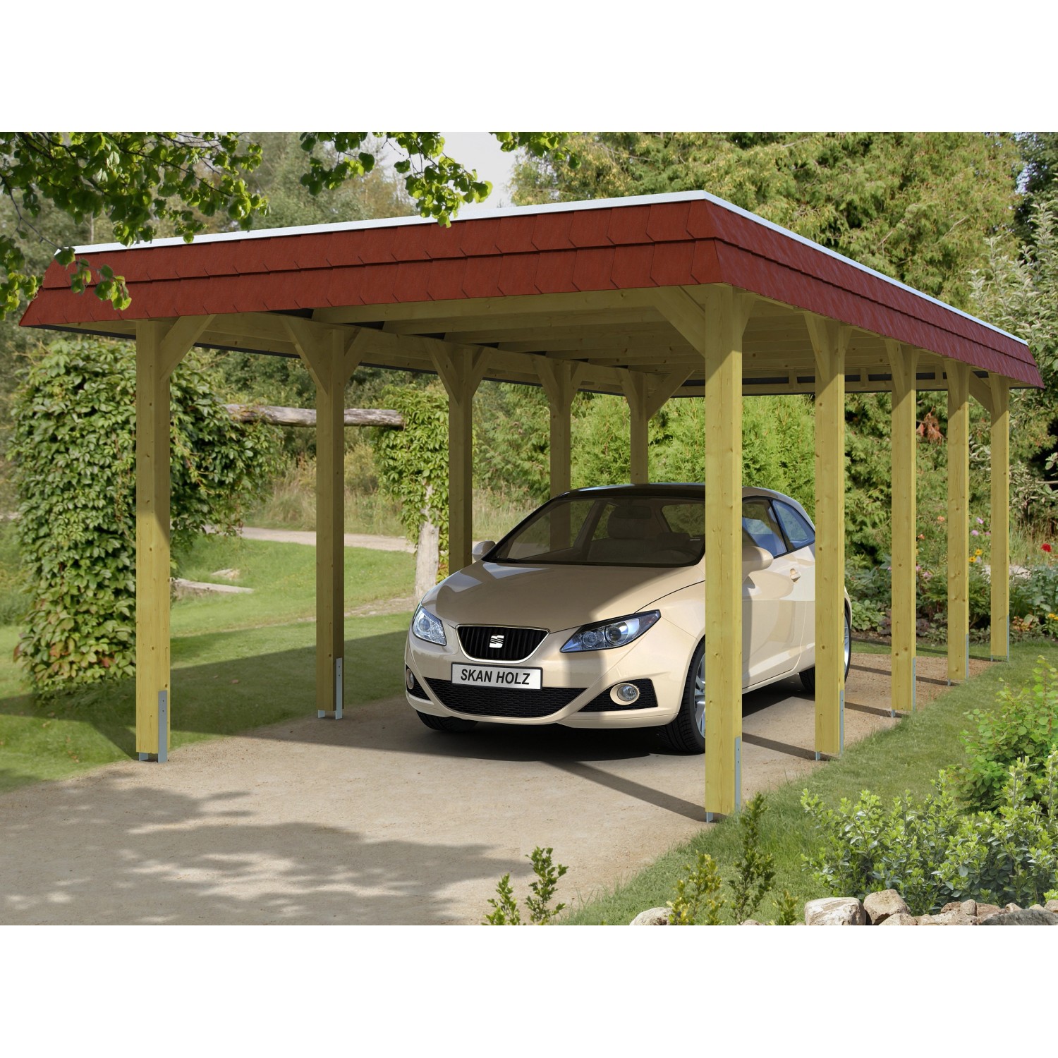 Skan Holz Carport Spreewald 345 cm x 741 cm rote Blende von Skan Holz