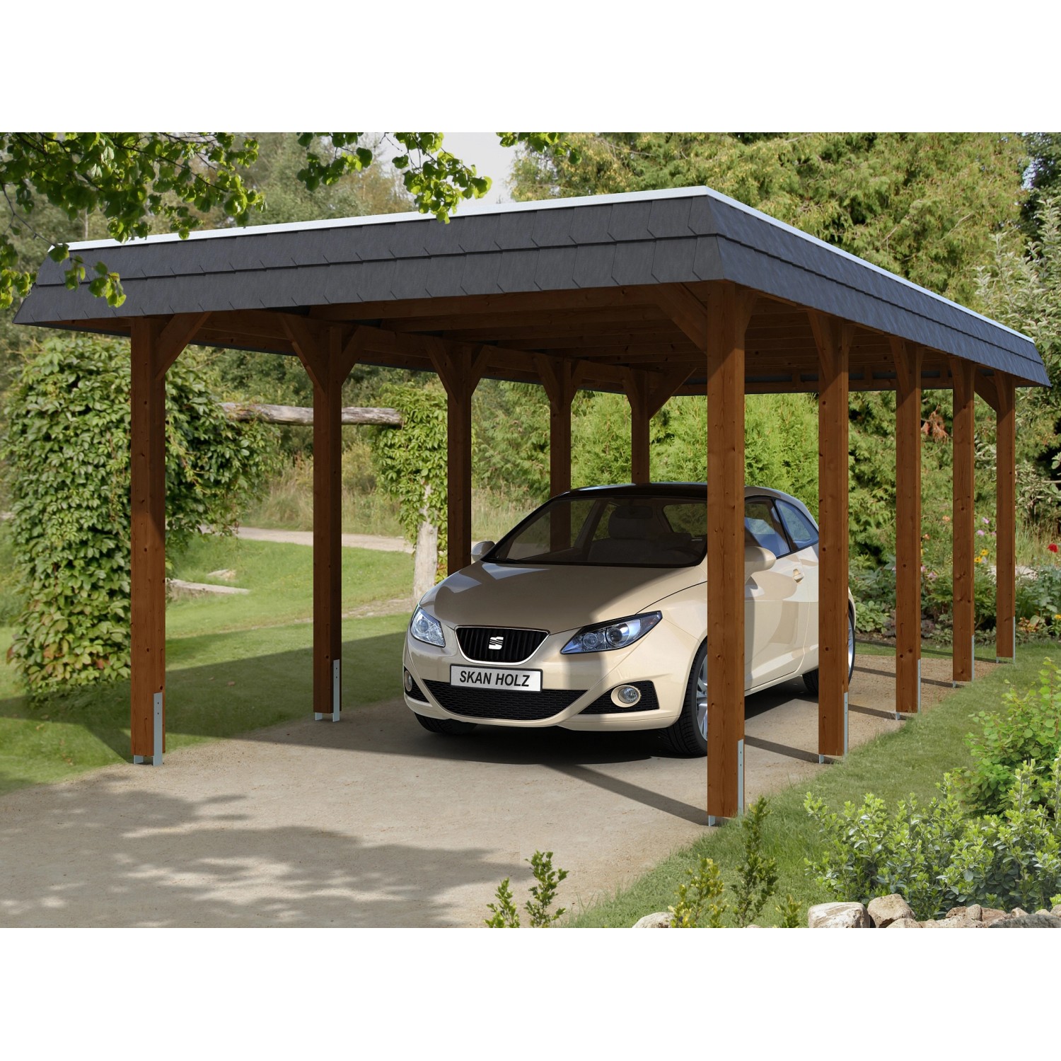 Skan Holz Carport Spreewald 345 cm x 741 cm schwarze Blende Nussbaum von Skan Holz