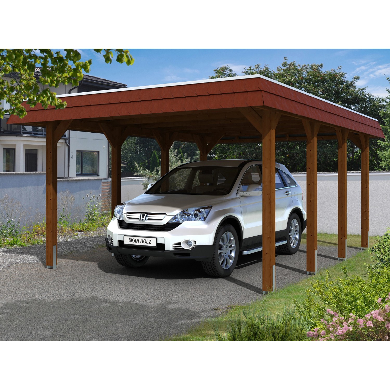 Skan Holz Carport Spreewald 396 cm x 589 cm rote Blende Nussbaum Skan Holz Carport Spreewald 396 cm x 589 cm rote Blende Nussbaum von Skan Holz