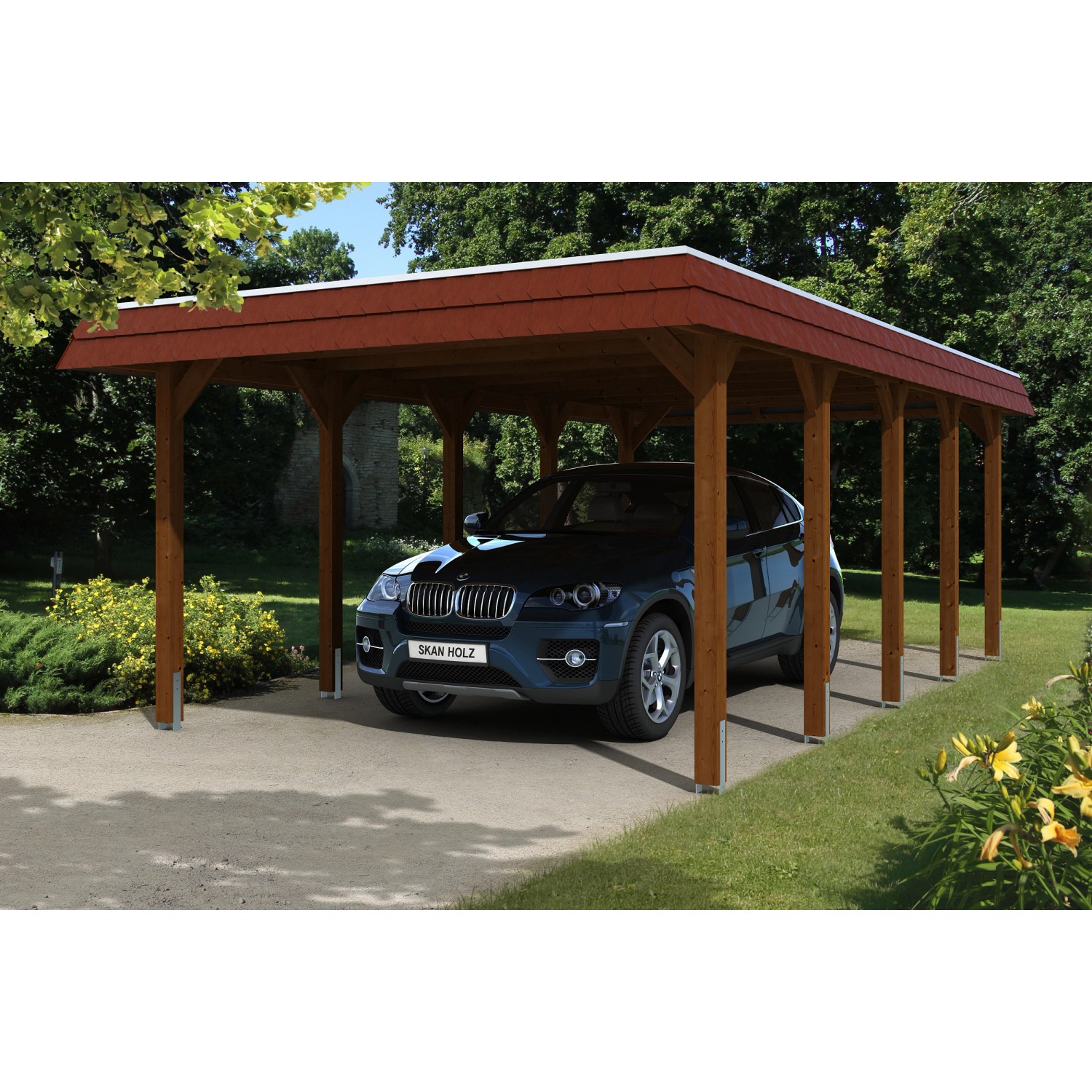 Skan Holz Carport Spreewald 396 cm x 741 cm rote Blende EPDM Dachbahn Nussbaum Skan Holz Carport Spreewald 396 cm x 741 cm rote Blende EPDM Dachbahn Nussbaum von Skan Holz