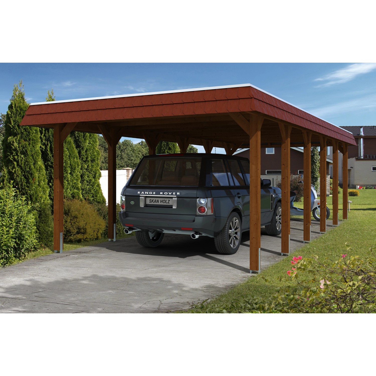 Skan Holz Carport Spreewald 396 cm x 893 cm rote Blende Nussbaum Skan Holz Carport Spreewald 396 cm x 893 cm rote Blende Nussbaum von Skan Holz
