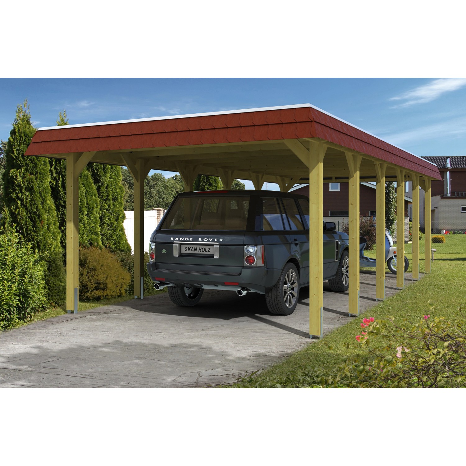 Skan Holz Carport Spreewald 396 cm x 893 cm rote Blende Skan Holz Carport Spreewald 396 cm x 893 cm rote Blende von Skan Holz