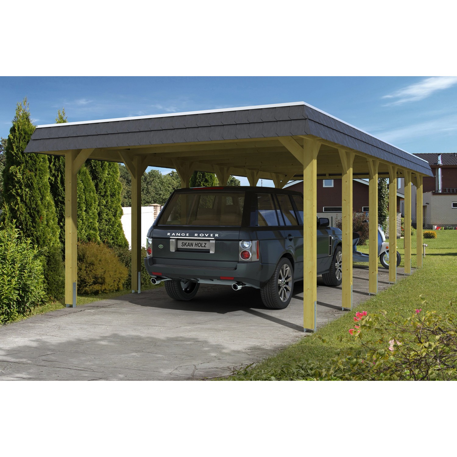 Skan Holz Carport Spreewald 396 cm x 893 cm schwarze Blende Skan Holz Carport Spreewald 396 cm x 893 cm schwarze Blende von Skan Holz