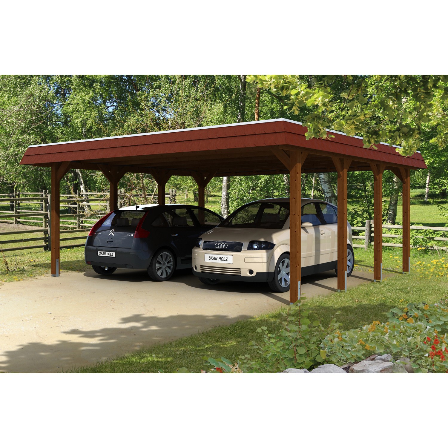 Skan Holz Doppelcarport Spreewald Holz Nussbaum 585 cm x 589 cm Skan Holz Doppelcarport Spreewald Holz Nussbaum 585 cm x 589 cm von Skan Holz