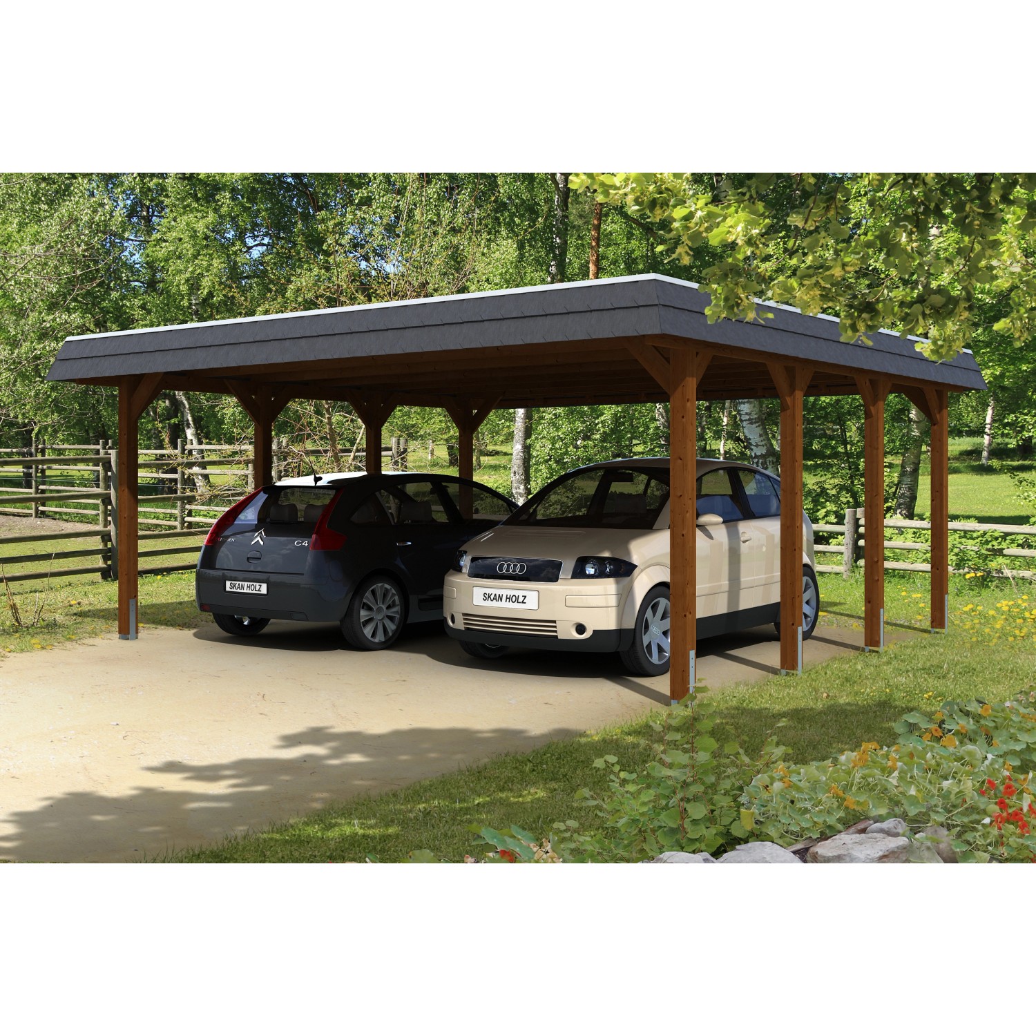 Skan Holz Doppelcarport Holz Nussbaum 585 cm x 589 cm Skan Holz Doppelcarport Holz Nussbaum 585 cm x 589 cm von Skan Holz