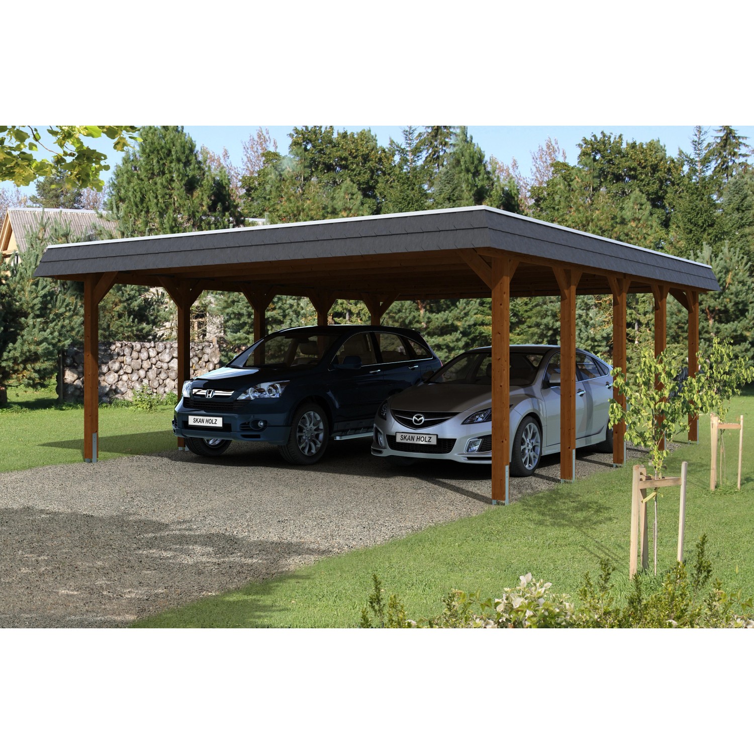 Skan Holz Carport Spreewald 585 cm x 741 cm EPDM Dach schwarze Blende Nussbaum von Skan Holz