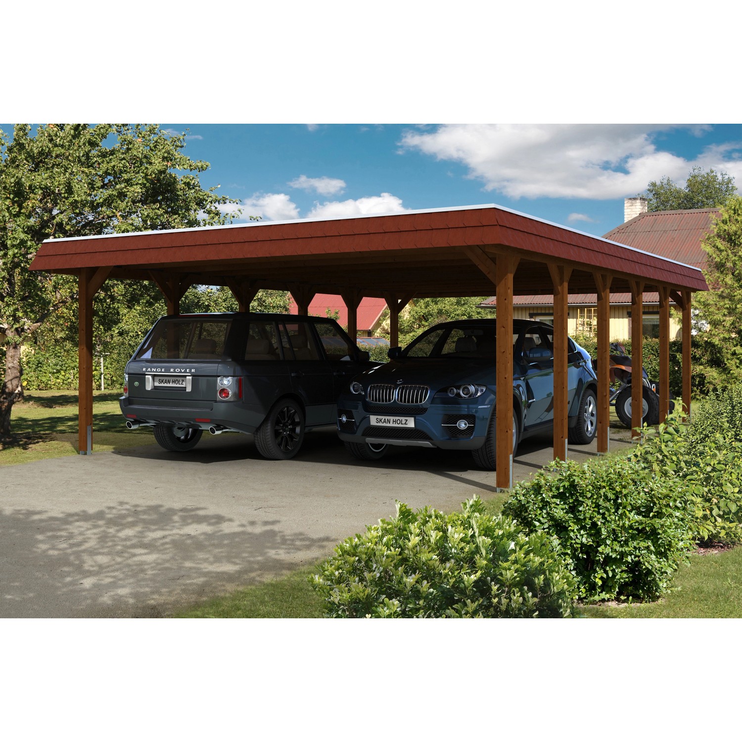 Skan Holz Carport Spreewald 585 cm x 893 cm Alu-Dach rote Blende Nussbaum Skan Holz Carport Spreewald 585 cm x 893 cm Alu-Dach rote Blende Nussbaum von Skan Holz