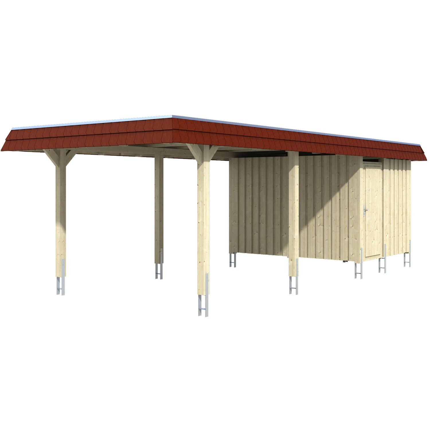 Skan Holz Carport Wendland Eiche hell + Anbau 362 x 870 cm EPDM-Dach Blende Rot von Skan Holz