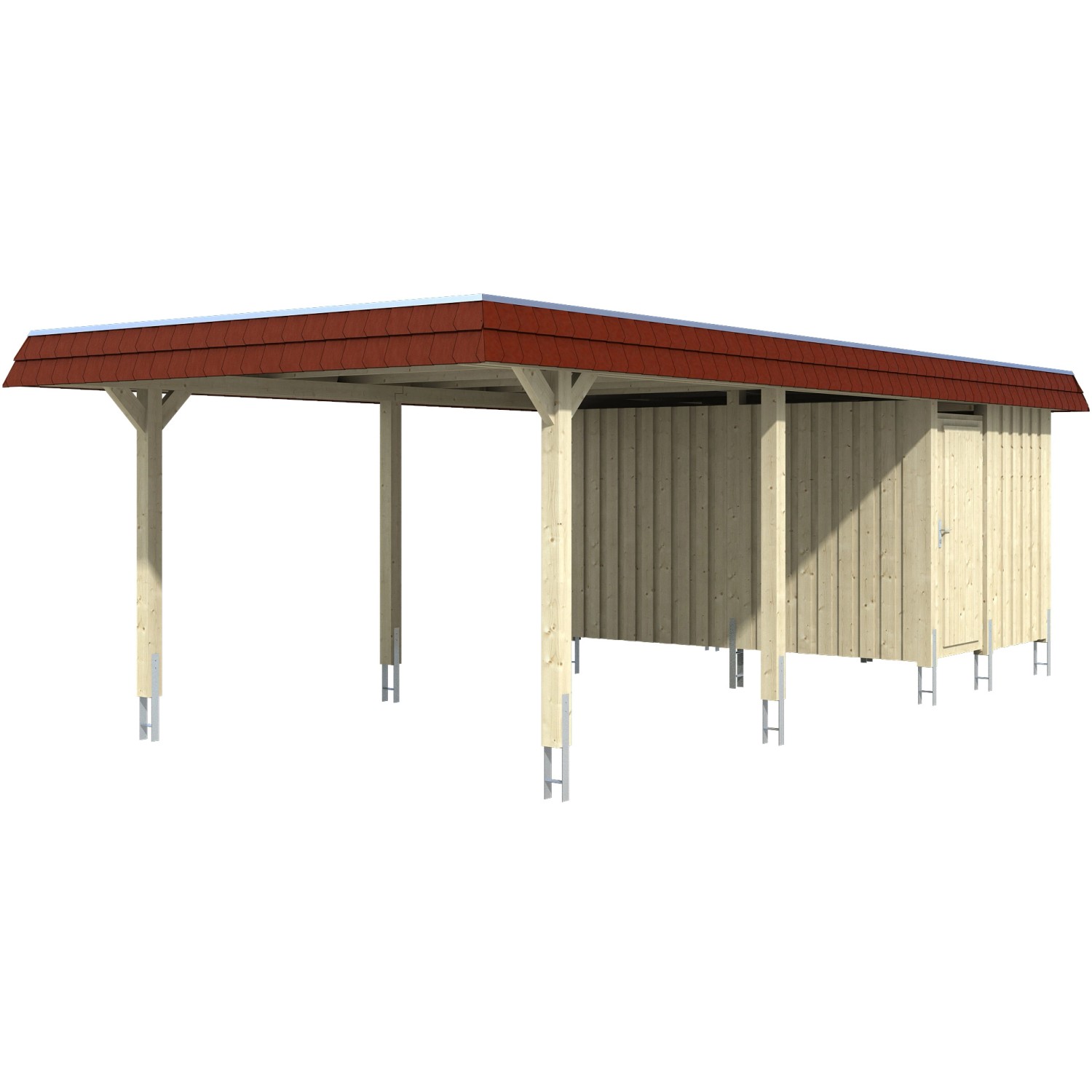 Skan Holz Carport Wendland Eiche hell + Anbau 409 x 870 cm Alu-Dach Blende Rot von Skan Holz