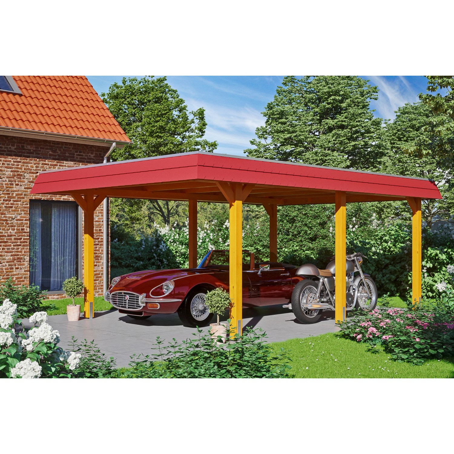 Skan Holz Carport Wendland Eiche hell 409 x 628 cm EPDM-Dach Blende Rot von Skan Holz