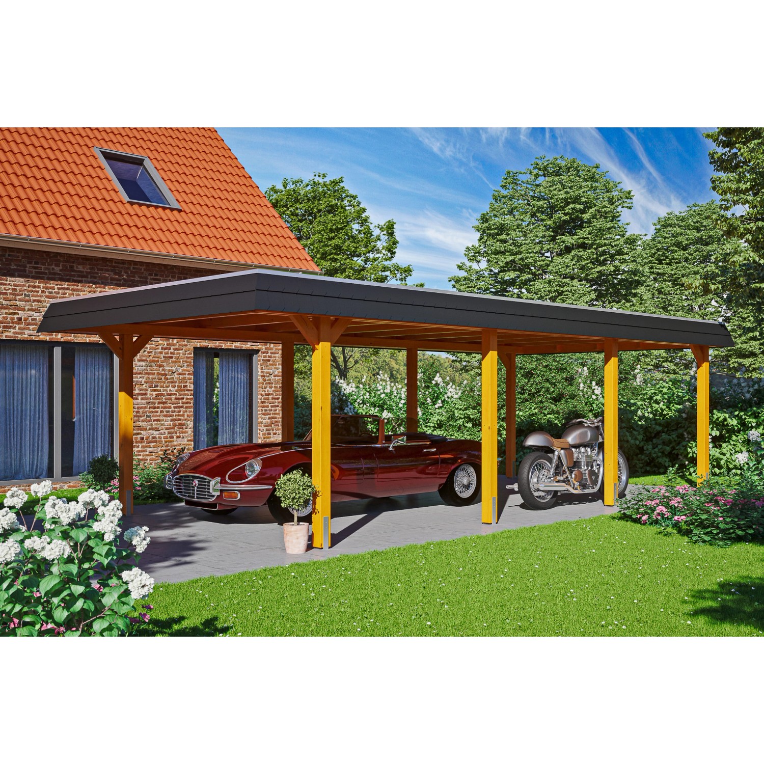 Skan Holz Carport Wendland Eiche hell 409 x 870 cm EPDM-Dach Blende Schwarz von Skan Holz