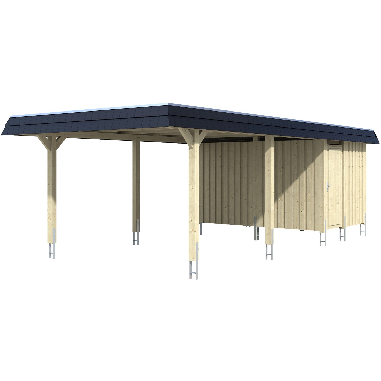 Skan Holz Carport Wendland Natur + Anbau 409 x 870 cm EPDM-Dach Blende Schwarz von Skan Holz