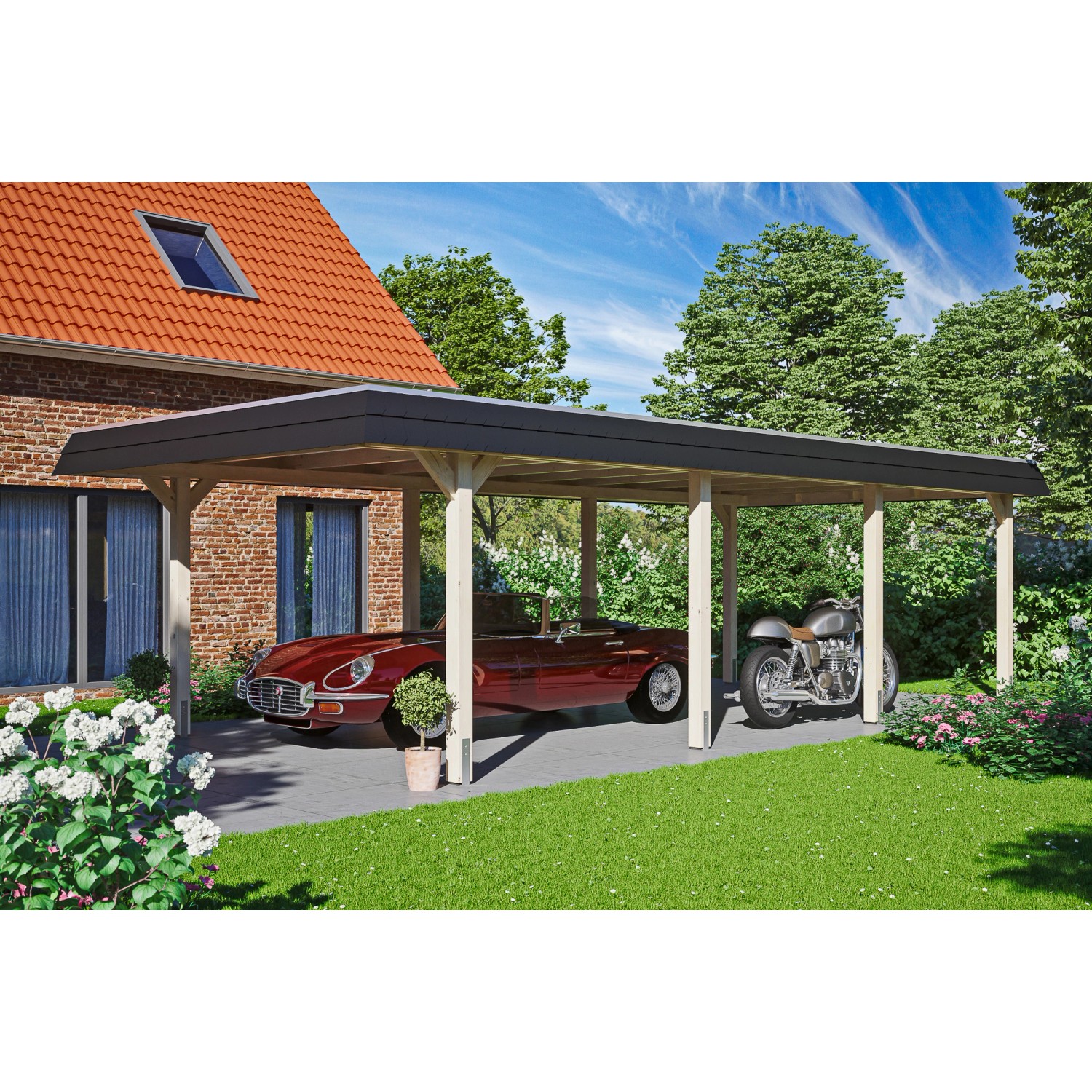 Skan Holz Carport Wendland Natur 409 x 870 cm Alu-Dach Blende Schwarz von Skan Holz