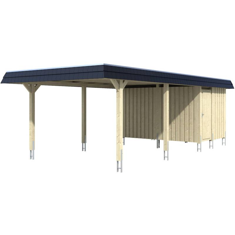 Skan Holz Carport Wendland Nussbaum + Anbau 409 x 870cm EPDM-Dach Blende Schwarz von Skan Holz