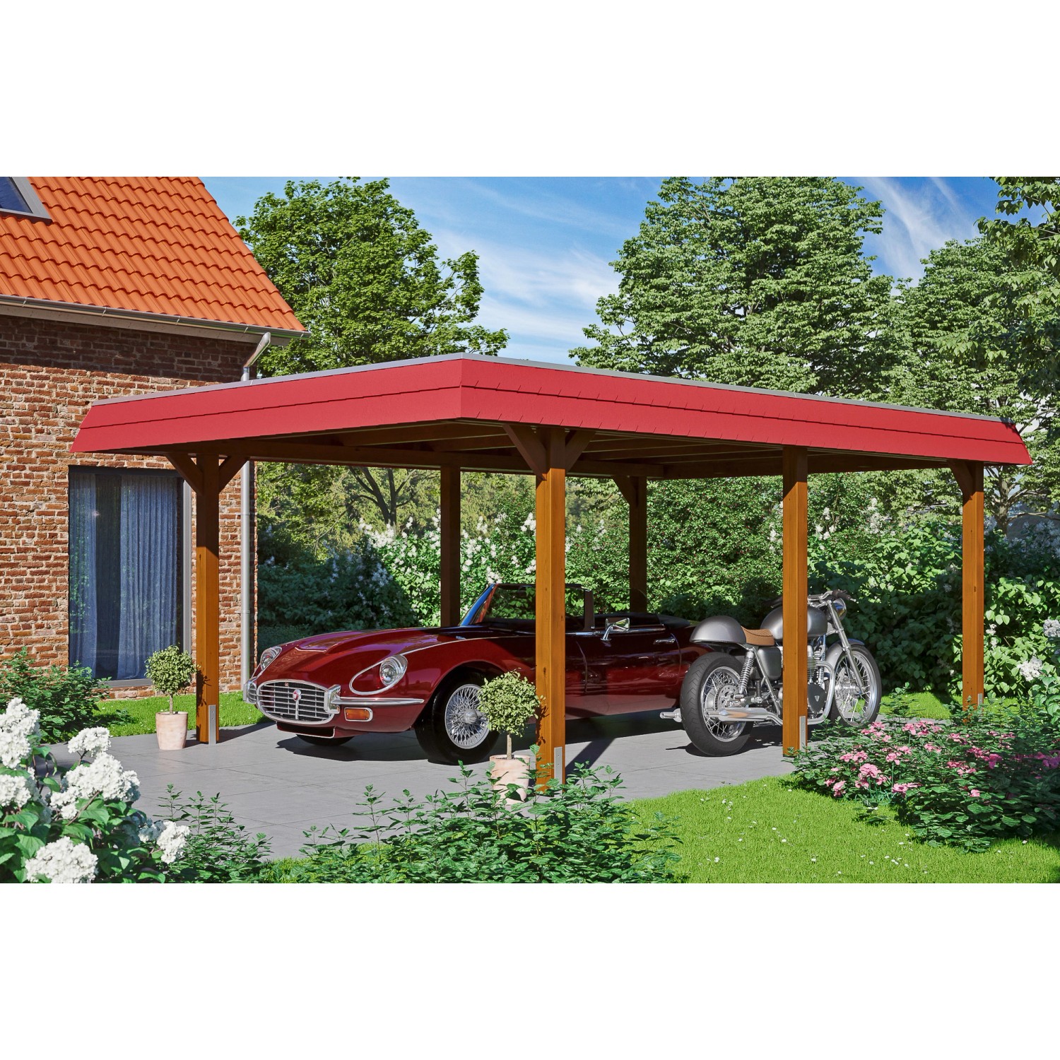 Skan Holz Carport Wendland Nussbaum 409 x 628 cm EPDM-Dach Blende Rot von Skan Holz