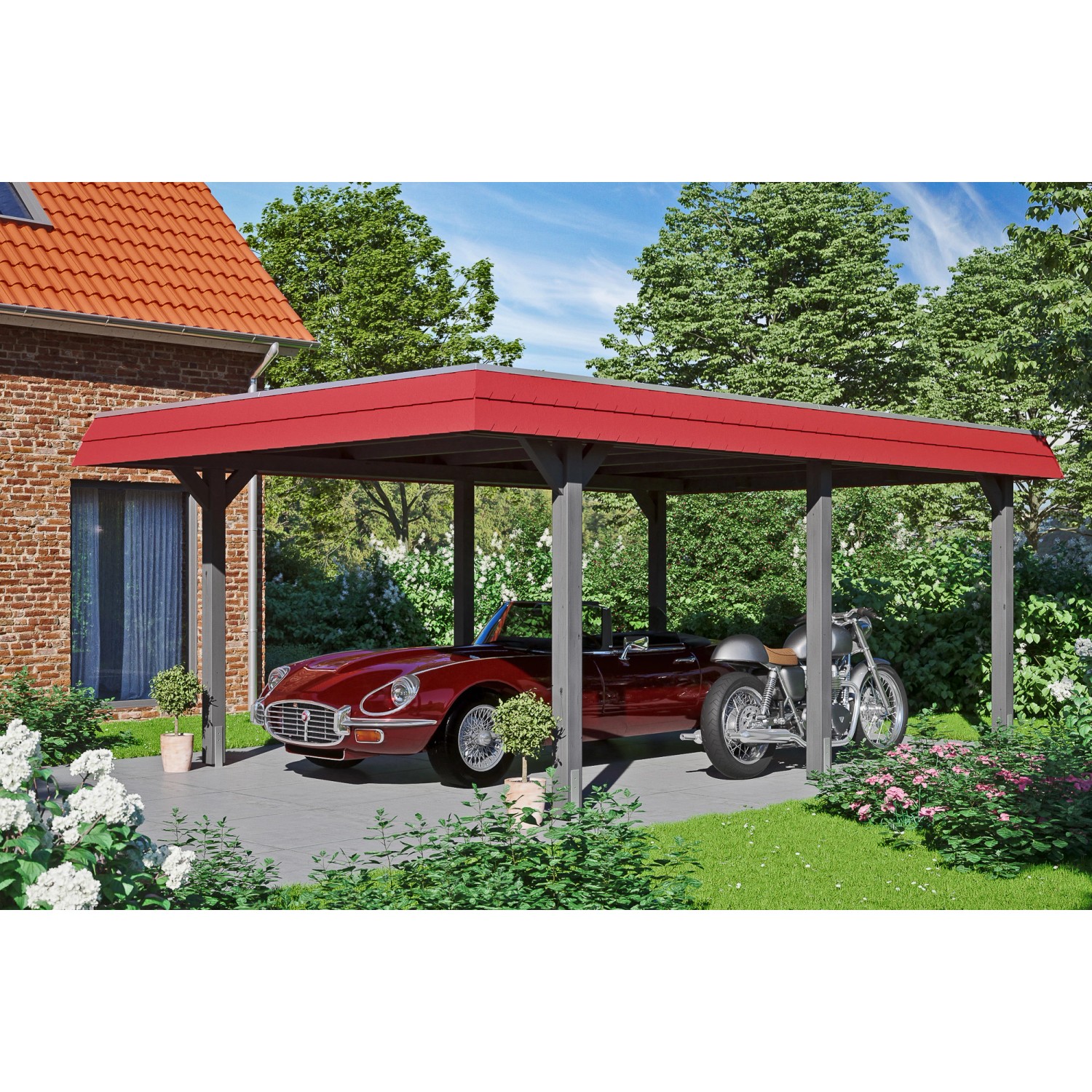 Skan Holz Carport Wendland Schiefergrau 409 x 628 cm EPDM-Dach Blende Rot von Skan Holz